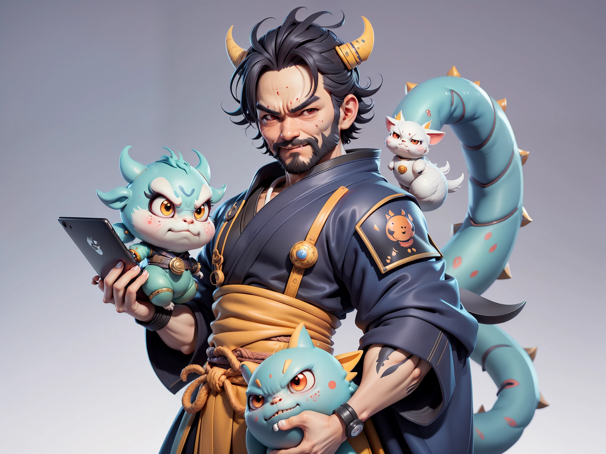 (Daisaku),(Need),(Super meticulous),(full bodyesbian:1.2),Japanese ukiyo-e girl，japanese geisha，Beautiful，Oriental dragon，Aeolian Thor，Raised sexy，爆乳，Oriental face，TV Anchor，Bust portrait illustration，Alone，In black suit，a blue tie，The face is slightly chubby，The face was clean，without a beard，Black super short hair，Black eyes，Smile confidently，3C computer sub-products，iPad， iphone，Digital painting，3D character design by Mark Clairen and Pixar and Hayao Miyazaki and Akira Toriyama，The illustration is a high-definition illustration in 4K resolution，With very detailed facial features and cartoon-style visuals。