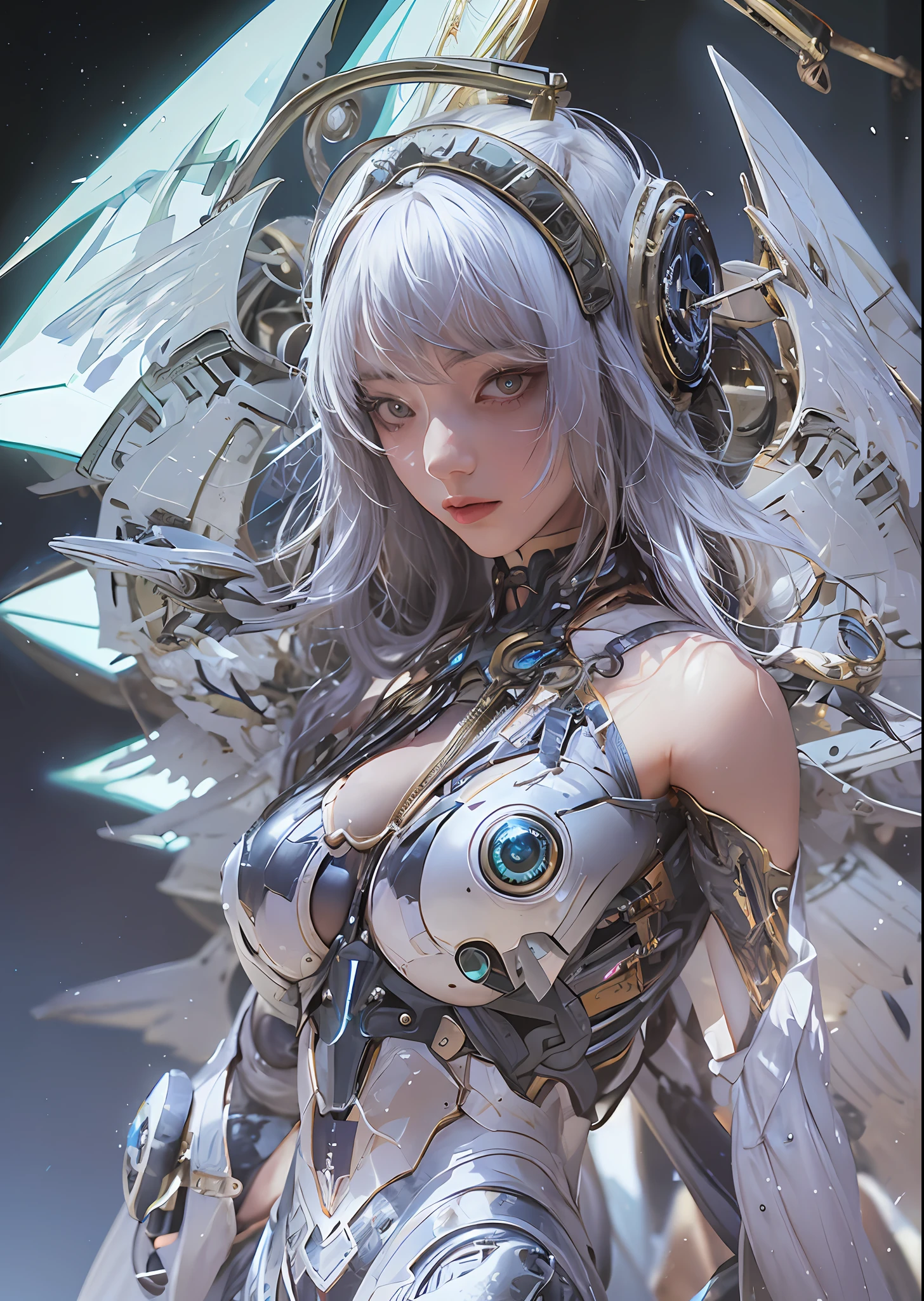 top-quality、masterpiece、超A high resolution、(Photorealsitic:1.4)、Raw photo、Battle Cyborg Angel、large wings made of metal、White porcelain body、Acrylic Clear Cover、white hair、glowy skin、1 Cyborg Girl、((super realistic details))、portlate、globalillumination、Shadow、octan render、8K、ultrasharp、character edge light,Colossal tits、Raw skin is exposed in cleavage、Details of complex ornaments、More about Rome、Hydraulic cylinder、Small LED lamp、highly intricate detail、Realistic light、a purple eye、radiant eyes、Facing the camera、neon details、cowboy shot、Futuristic headgear、About Cyberpunk、、