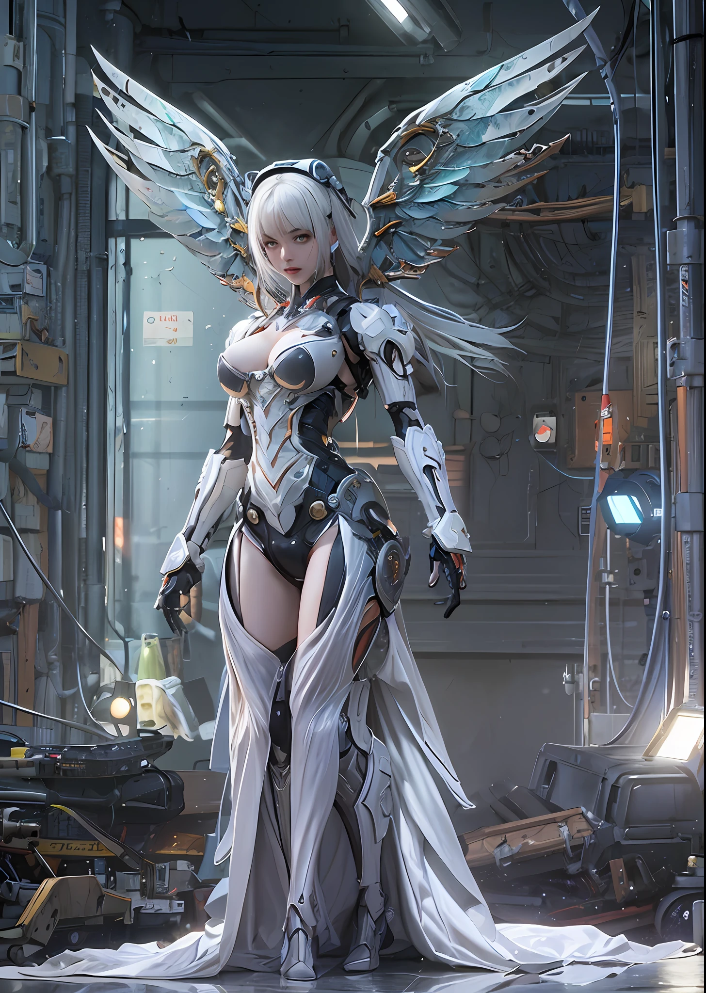 top-quality、masterpiece、超A high resolution、(Photorealsitic:1.4)、Raw photo、Battle Cyborg Angel、large wings made of metal、White porcelain body、Acrylic Clear Cover、white hair、glowy skin、1 Cyborg Girl、((super realistic details))、portlate、globalillumination、Shadow、octan render、8K、ultrasharp、character edge light,Colossal tits、Raw skin is exposed in cleavage、Details of complex ornaments、More about Rome、Hydraulic cylinder、Small LED lamp、highly intricate detail、Realistic light、a purple eye、radiant eyes、Facing the camera、neon details、cowboy shot、Futuristic headgear、About Cyberpunk、、