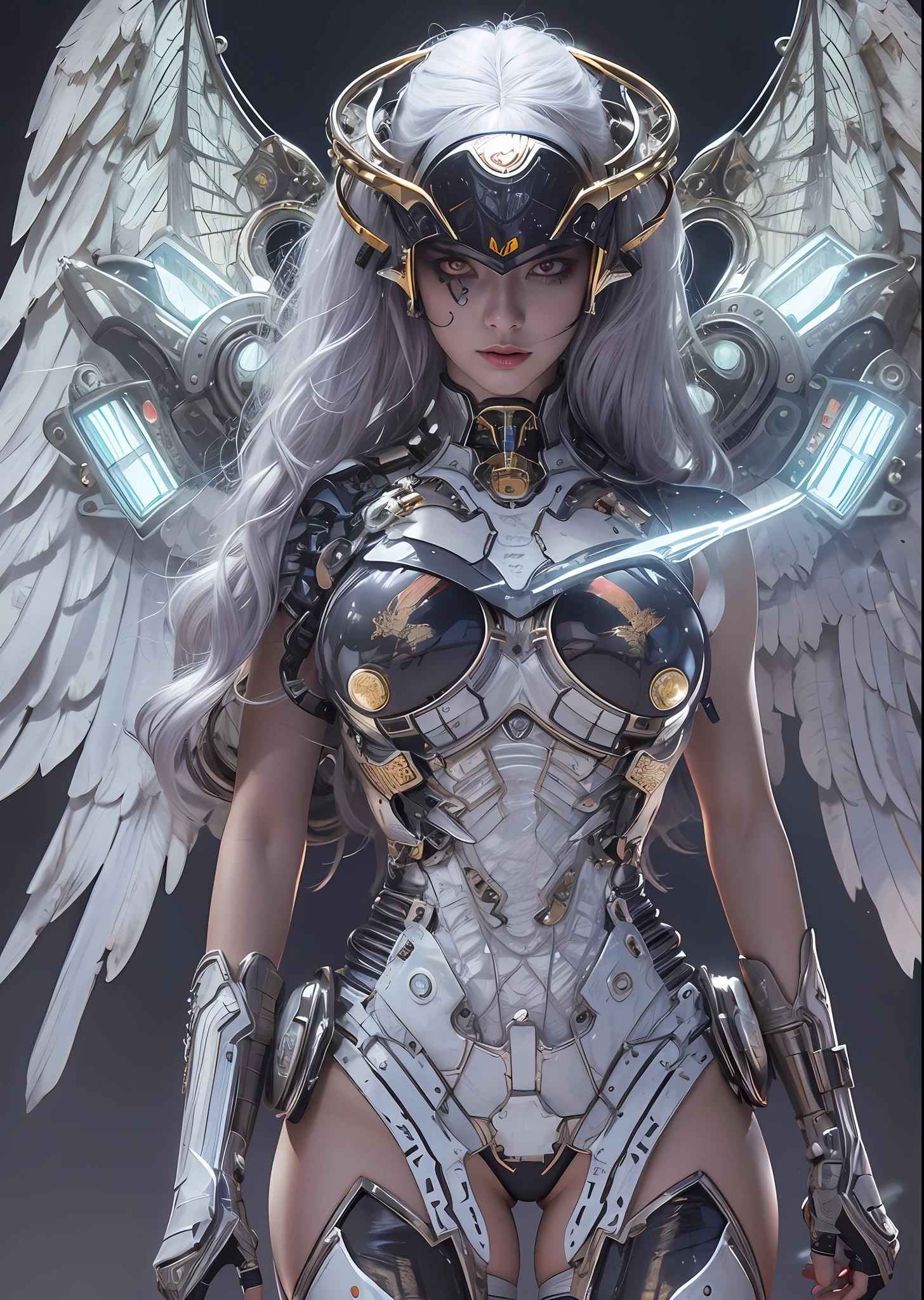 top-quality、masterpiece、超A high resolution、(Photorealsitic:1.4)、Raw photo、Battle Cyborg Angel、large wings made of metal、White porcelain body、Acrylic Clear Cover、white hair、glowy skin、1 Cyborg Girl、((super realistic details))、portlate、globalillumination、Shadow、octan render、8K、ultrasharp、character edge light,Colossal tits、Raw skin is exposed in cleavage、Details of complex ornaments、More about Rome、Hydraulic cylinder、Small LED lamp、highly intricate detail、Realistic light、a purple eye、radiant eyes、Facing the camera、neon details、cowboy shot、Futuristic headgear、About Cyberpunk、、