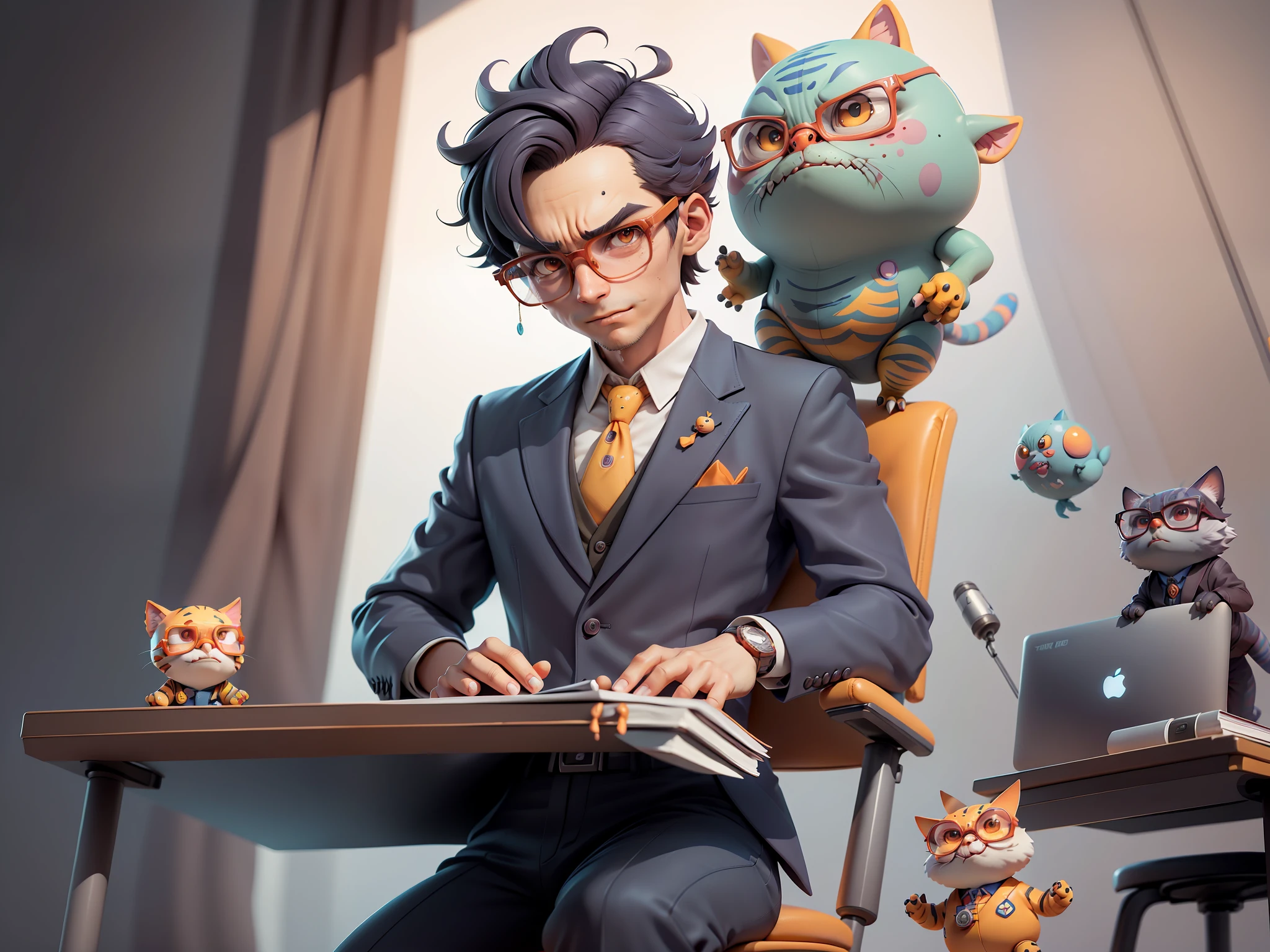 A young man in a suit, Short hair and glasses sat at his desk，holding laptop，digitial painting，tigre，3D character design by Mark Clairen and Pixar and Hayao Miyazaki and Akira Toriyama，4K HD illustration，Very detailed facial features and cartoon-style visuals。