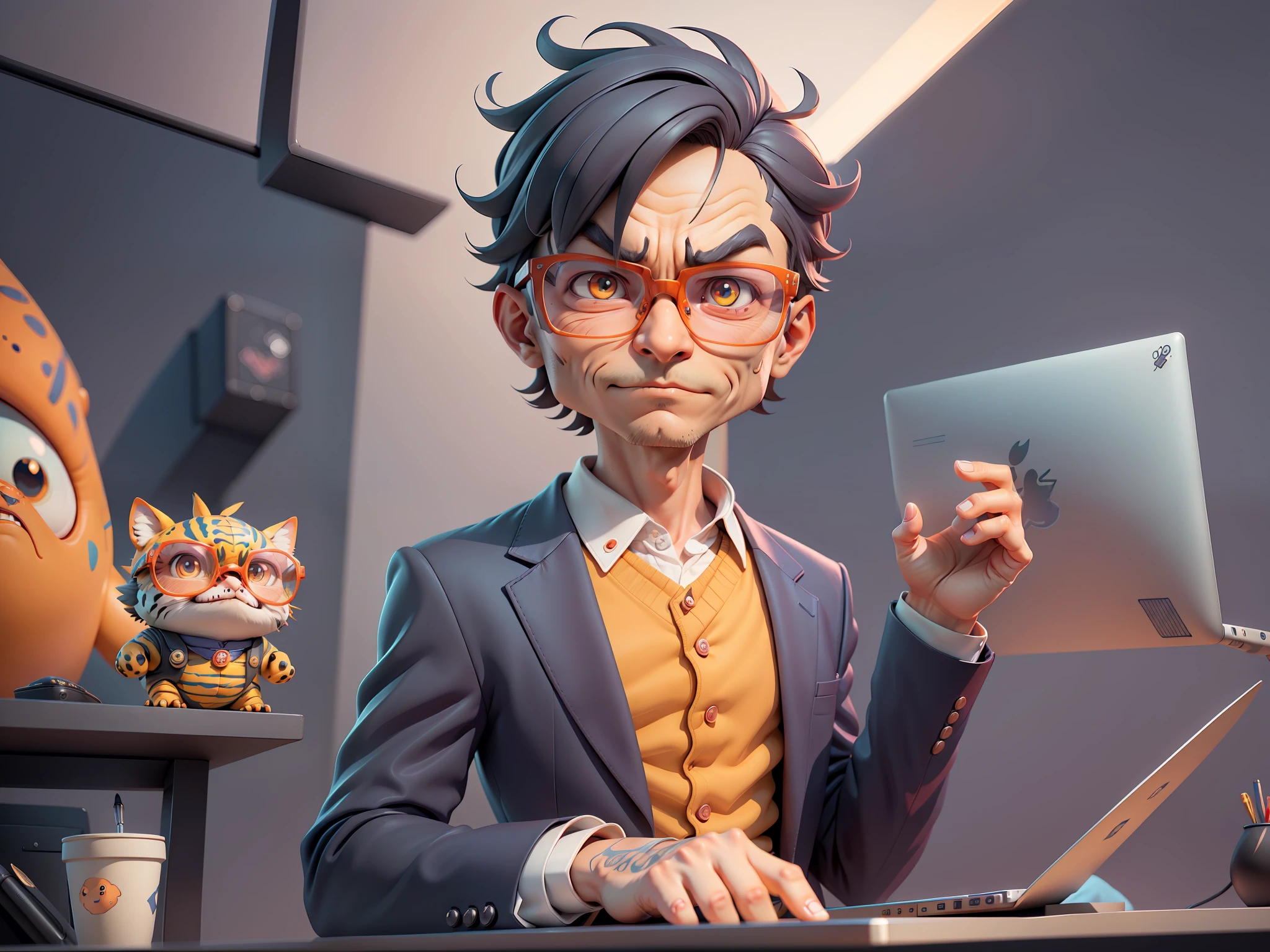 A young man in a suit, Short hair and glasses sat at his desk，holding laptop，digitial painting，tigre，3D character design by Mark Clairen and Pixar and Hayao Miyazaki and Akira Toriyama，4K HD illustration，Very detailed facial features and cartoon-style visuals。