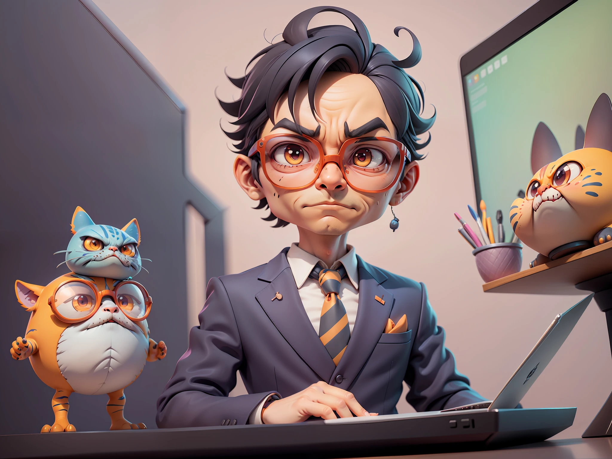 A young man in a suit, Short hair and glasses sat at his desk,holding laptop,digitial painting,tigre,3D character design by Mark Clairen and Pixar and Hayao Miyazaki and Akira Toriyama,4K HD illustration,Very detailed facial features and cartoon-style visuals。
