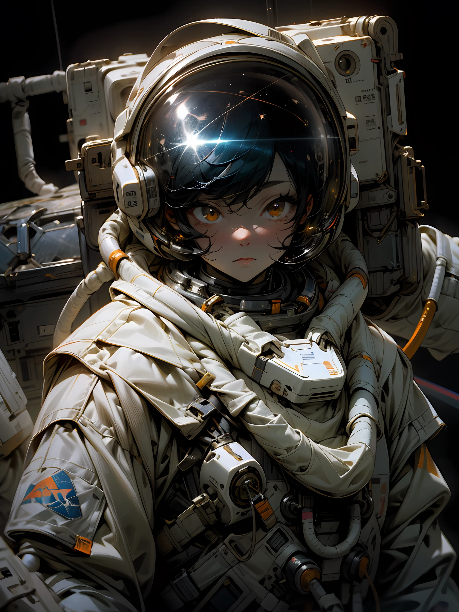 Astronaut girl, Astronaut helmet, In space, planet earth, Mards, stars, Upper body, top to bottom, 1girll, Solo, Floating in space, astronaut suits, Big orange eyes, Black hair, The landscape of the earth, Detailed background, beautiful space, Colorful,