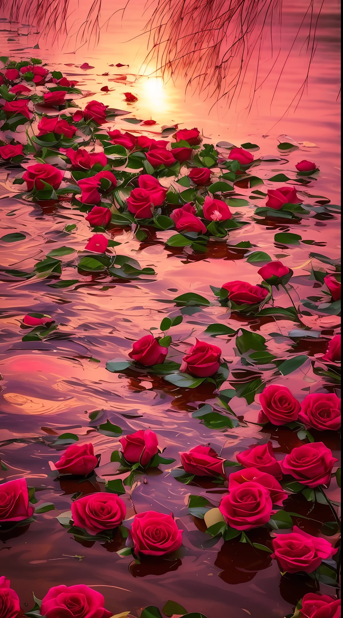 There are many pink and red roses floating in the water, roses in cinematic light, stream of love and happiness, rosette, rose background, floating bouquets, laying on roses, floathing underwater in a lake, rosses, alexey egorov, Red roses, Beautiful and aesthetic, a few roses, beautiful realistic photo, pink and red colors