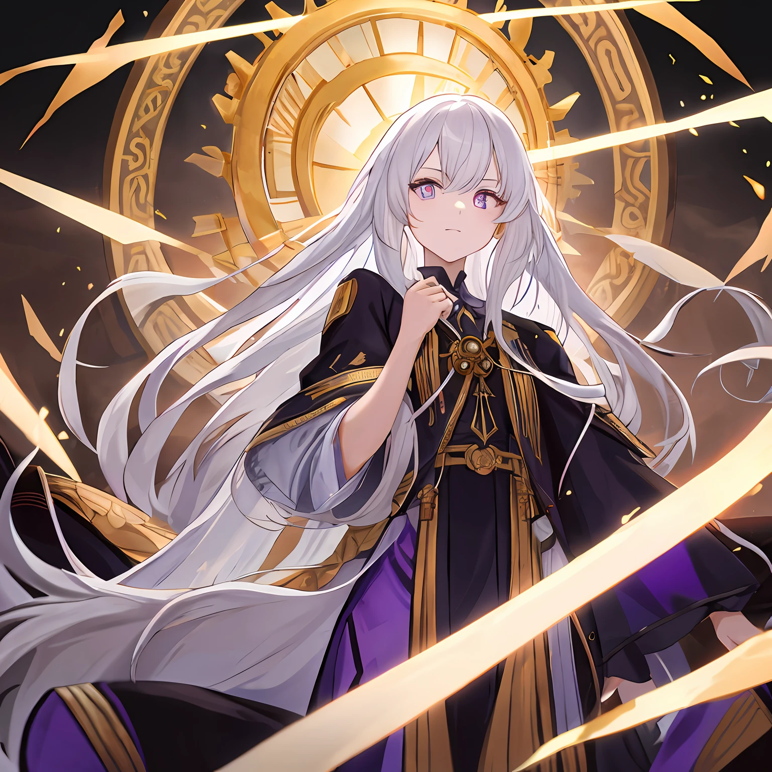 long  white hair，schoolboy，Ancient emperors，Evil purple-red pupils，ancient wind，Gold dress，mtu