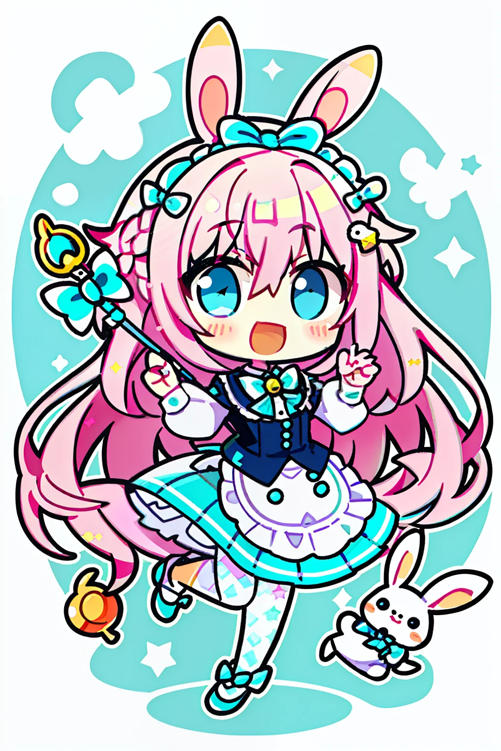 Chibi、1girl in, Animal ears, Pink hair, Long hair, Rabbit, Open mouth, Smile, Rabbit ears, Bow, Solo, White background, Dress, pantyhose, walls, Blue eyes, Looking at Viewer, :D, Full body, Simple background, nail polish, Striped, Holding, Arm up, Hair Bow, Long sleeves, Puffy sleeves, Aqua Footwear, shoes, blue footwear, Jumping, animal, blush, argyle, Star (symbol), holding wand, Very long hair, bow ribbon,