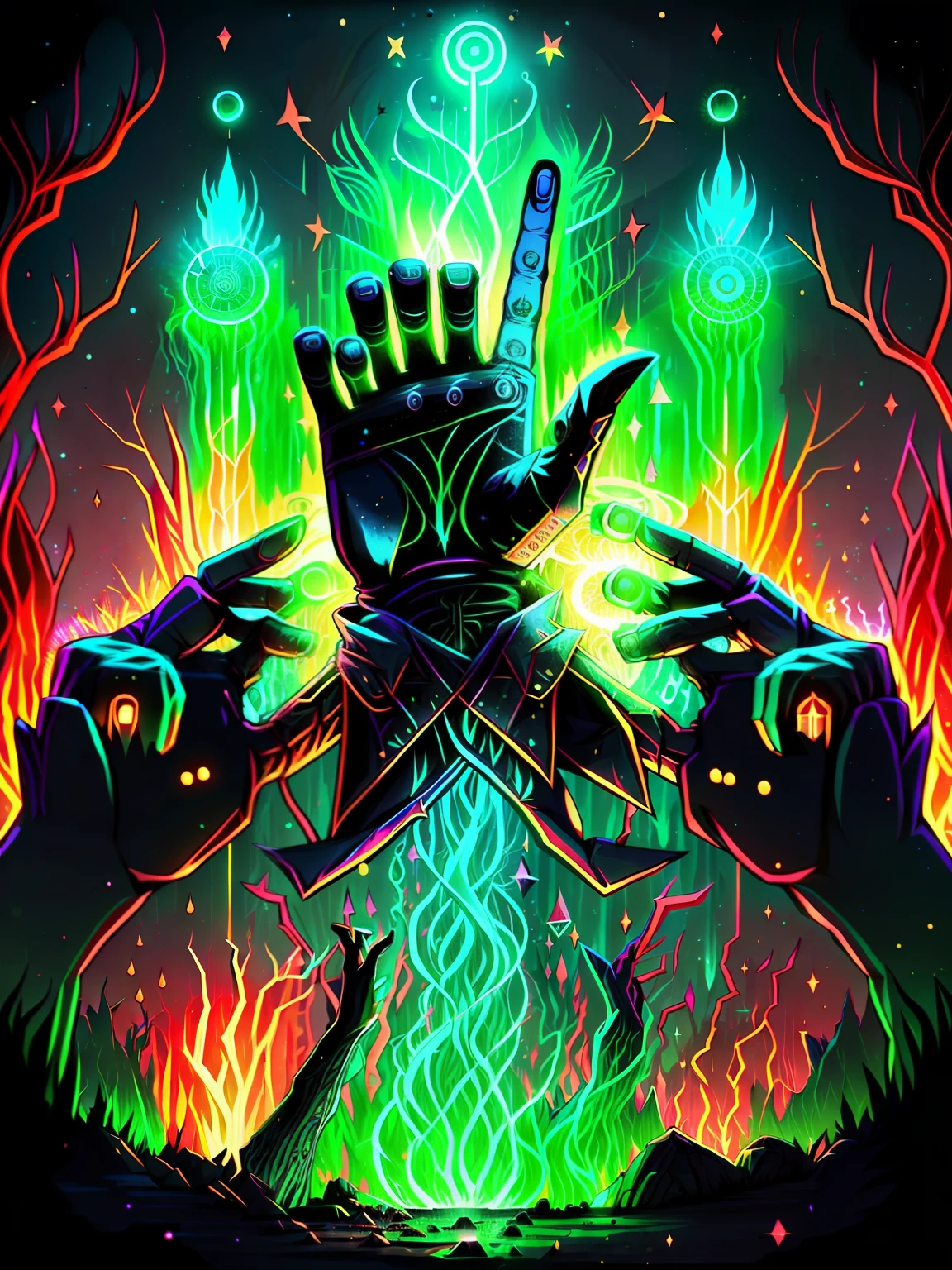 Glowing hands open,Point to a star in the sky,The stars are surrounded by a green halo。Holding a green soul blade in his hand,The blade exudes a magical light。Green flames gathered in the palm of the hand,They form a spell icon。The hand is surrounded by a glowing energy effect,A green glow envelopes the entire scene。The image of the hand shows great ability,It's as if you're casting an epic spell。The luminous effect of magic is vague and mysterious。