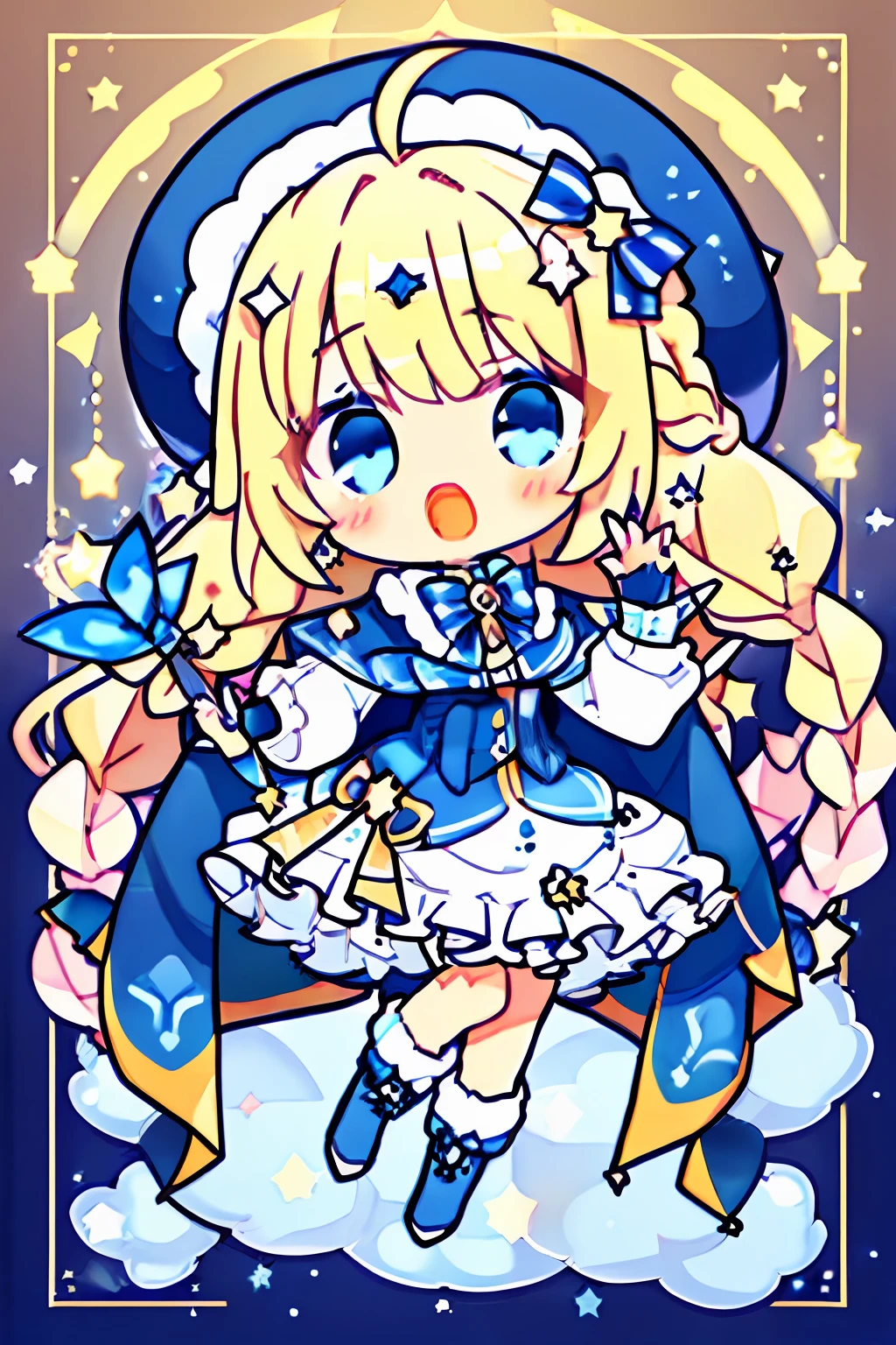 Chibi、1girl in, Solo, one eye closed, Ahoge, braid, Blue eyes, Star (symbol), Blue Nails, long boots, Full body, Bow, Animal ears, Jewelry, Long hair, Looking at Viewer, nail polish, Fur trim, Open mouth, multicolored hair, blue headwear, Dress, ;o, Puffy sleeves, Cape, Hair Bow, hat, Bangs, Long sleeves, blue bow, Hair Ornament, Blue hair, Starry Sky Print, Blue Dress, Blonde hair, blue cape, chain, Very long hair, Skirt, X Hair Ornament, Wings, Striped, blush, earrings, blue footwear, head wings, :o, constellation print, puffy long sleeves, Blue skirt, Striped bow, sox, constellation,