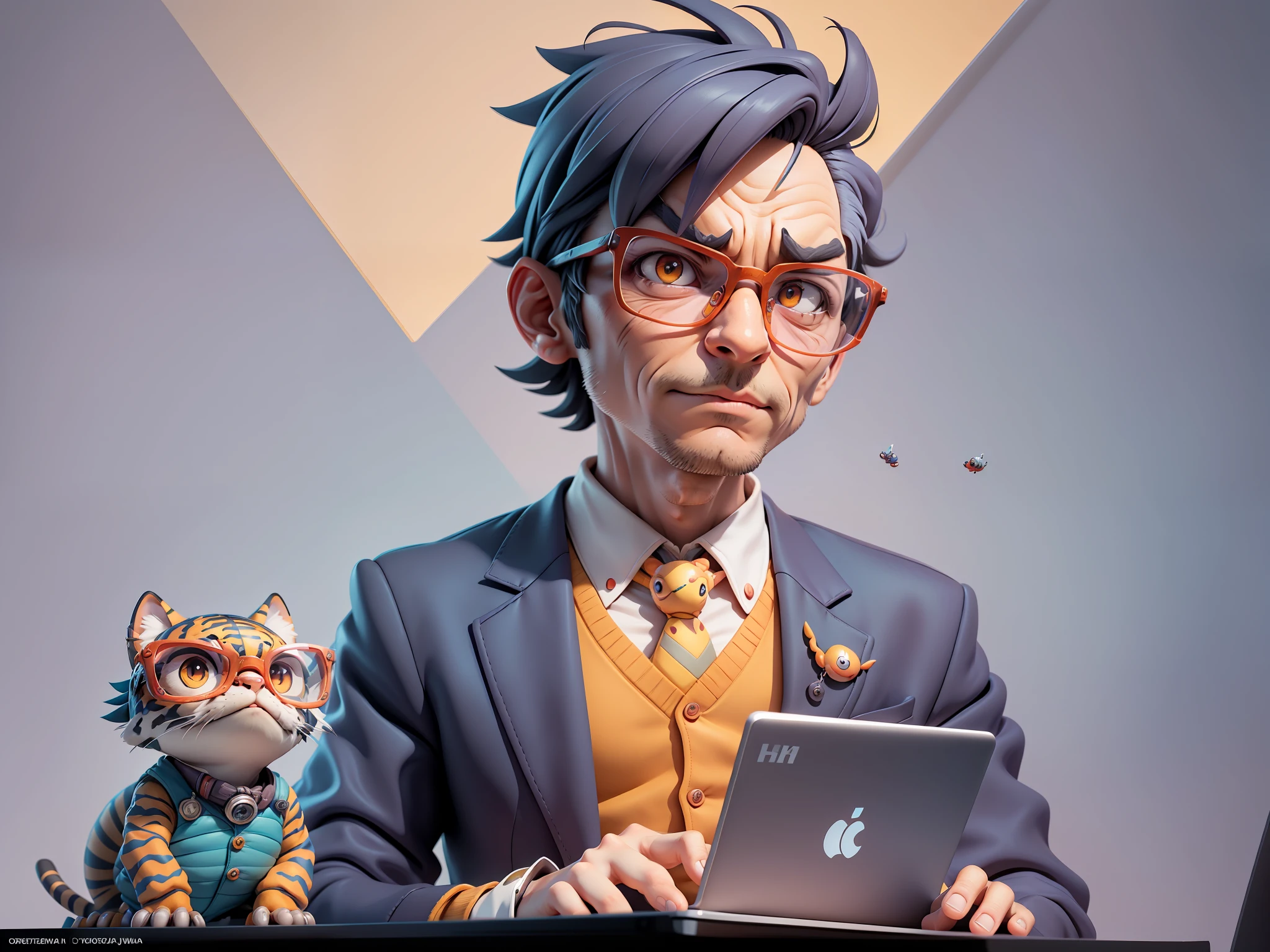 A young man in a suit, Short hair and glasses sat at his desk,holding laptop,digitial painting,tigre,3D character design by Mark Clairen and Pixar and Hayao Miyazaki and Akira Toriyama,4K HD illustration,Very detailed facial features and cartoon-style visuals。