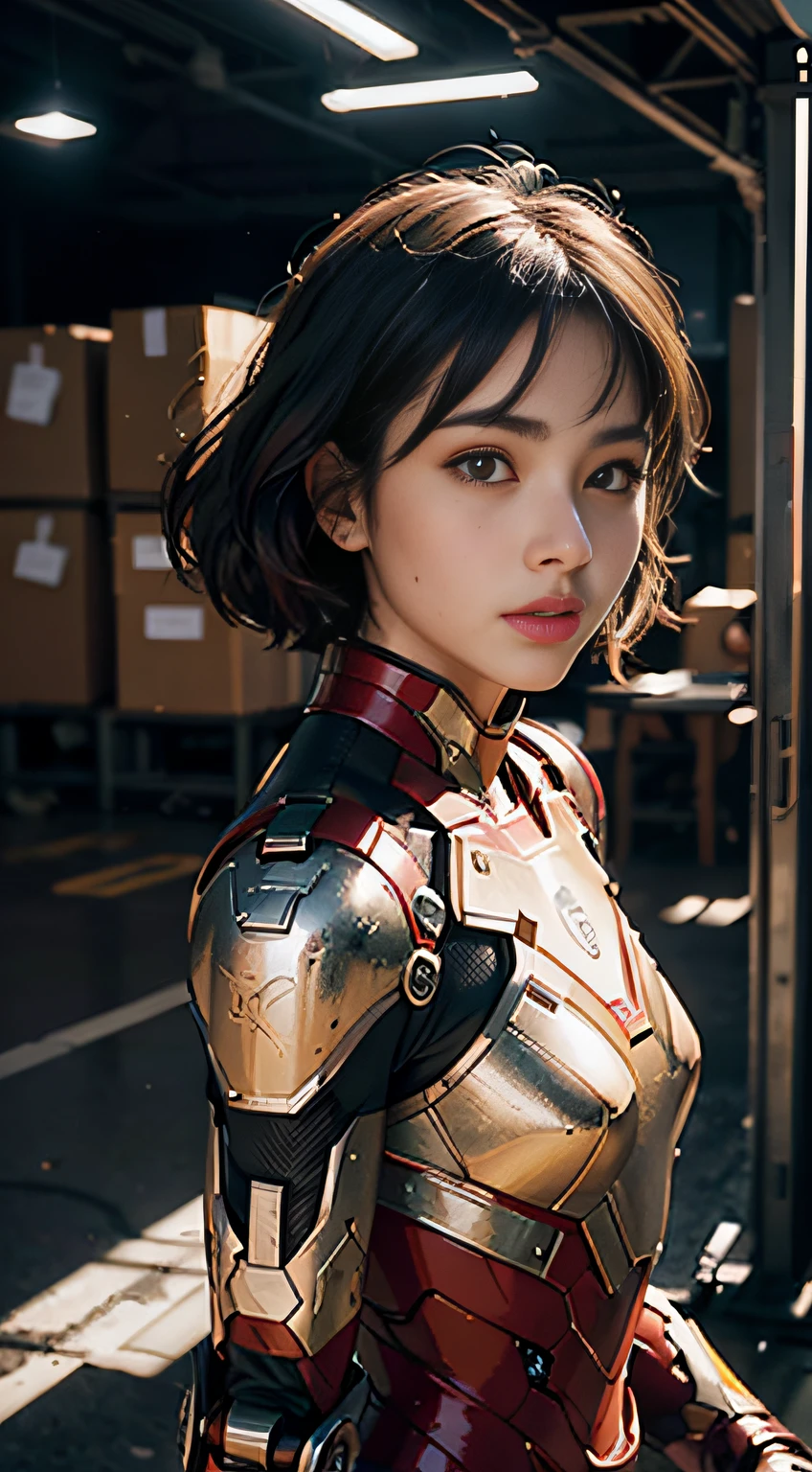 (1girl:1.3), solo,__body-parts__, official art, unity 8k wallpaper, ultra detailed, beautiful and aesthetic, beautiful, masterpiece, best quality, RAW, masterpiece, super fine photo,, best quality, super high Resolution, photorealistic, sunlight, full body portrait, stunningly beautiful,, dynamic pose, delicate face, vibrant eyes, (side view), she is wearing a futuristic Iron Man mech, red and gold, Highly detailed abandoned warehouse background, detailed face, detailed complex busy background, messy, gorgeous, milky, high detailed skin, realistic skin details, visible pores, sharp focus, volumetric fog, 8k uhd, dslr camera, High quality, film grain, fair skin, photorealism, lomography, sprawling metropolis in a futuristic dystopia, view from below, translucent