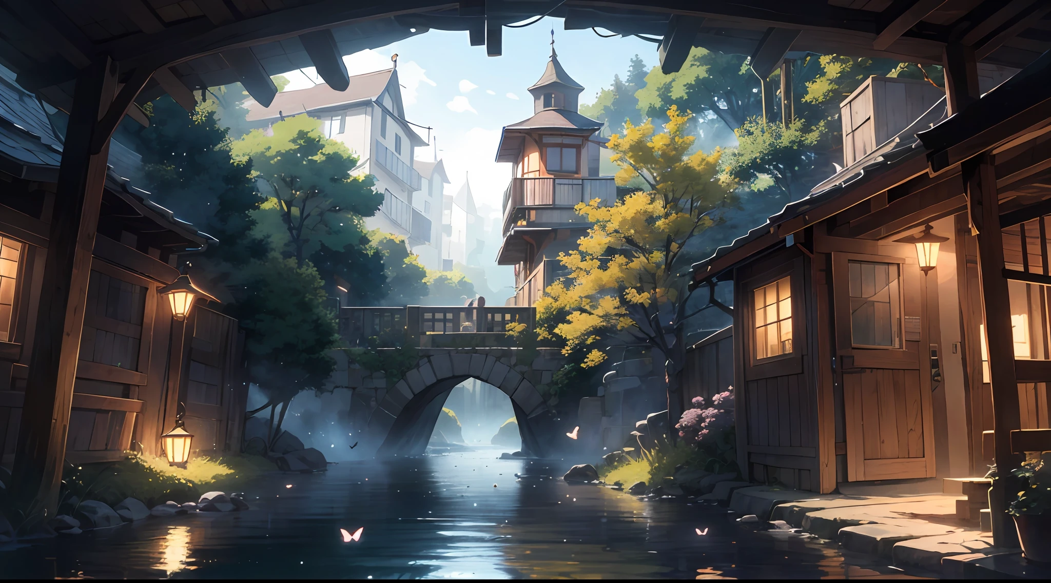 (Best quality),(masterpiece),(ultra detailed),(high detailed),(extremely detailed),Subject: Anime Background Illustration Medium: RAW photography. Resolution: 4000x3000 pixels. Color Palette: Soft and pastel colors with a hint of vibrancy. Mood: Serene, whimsical, and inviting. Composition: Balanced composition with a focal point that complements the foreground elements. Lighting: Gentle, diffused lighting with subtle variations in brightness. Style: Anime-inspired with a touch of fantasy and charm. Details: Include elements such as blooming cherry blossom trees, lush greenery, cozy buildings, and winding paths. Inspiration: Anime scenery, Studio Ghibli films, fantasy worlds, and tranquil natural settings. Camera Setup: None (since it's a digital illustration). Additional Notes: Pay attention to atmospheric perspective, with distant objects appearing lighter and less detailed. Incorporate depth by adding layers of foreground, middle ground, and background elements. Use soft brush strokes and blending techniques to create a dreamy and ethereal atmosphere. Consider adding elements of magic or fantasy, such as floating islands, whimsical creatures, or glowing orbs. Include small details like birds, butterflies, or falling leaves to enhance the sense of movement and life. Experiment with different textures, such as the rough bark of trees or the smooth surface of water. Incorporate elements of nature to evoke a sense of tranquility and harmony.