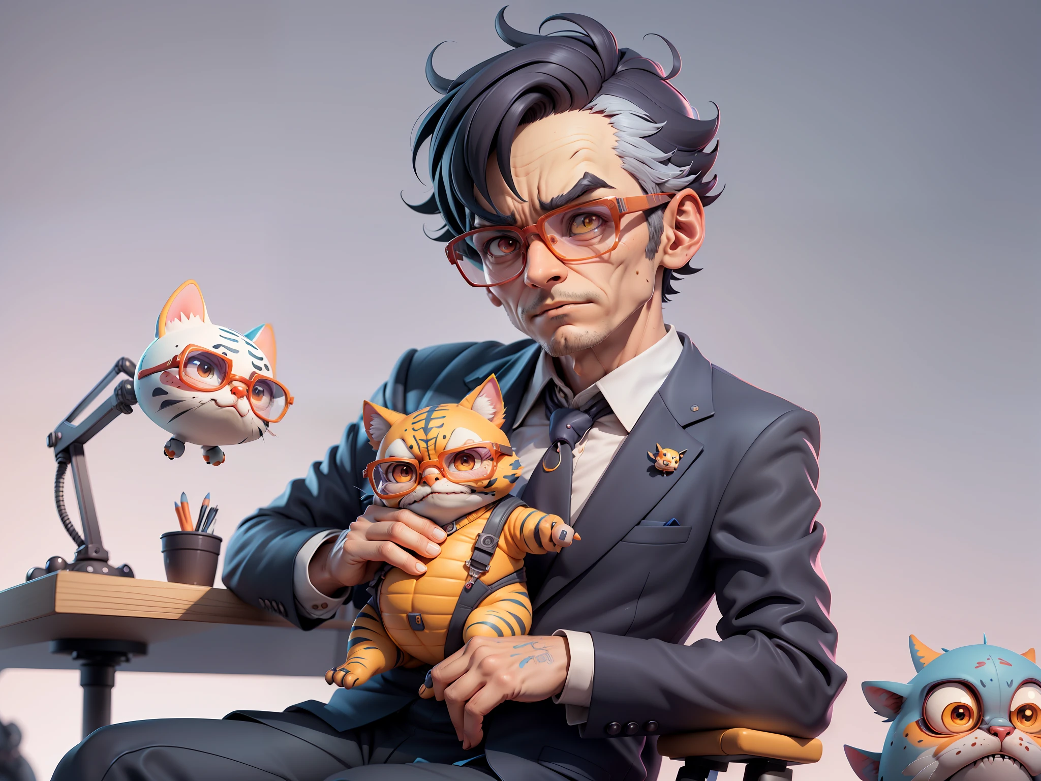 A young man in a suit, Short hair and glasses sat at his desk,holding laptop,digitial painting,tigre,3D character design by Mark Clairen and Pixar and Hayao Miyazaki and Akira Toriyama,4K HD illustration,Very detailed facial features and cartoon-style visuals。