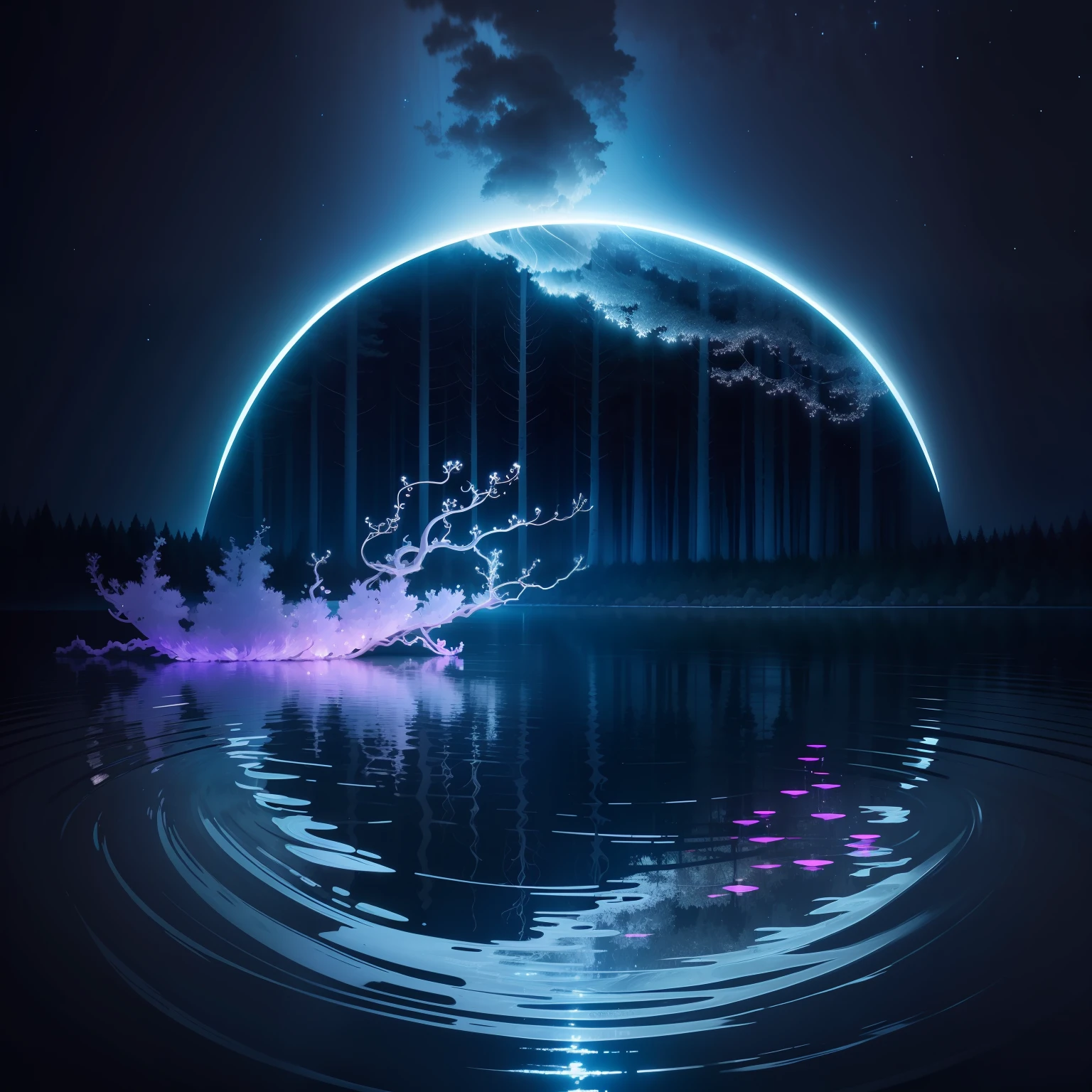 luna, entwined with dazzling glowing ribbons, reflected in the silent lake, surrounded by forest, where trees emit a soft, phosphorescent light. Magical lilies float on the surface of the lake, which give the water shimmering hues