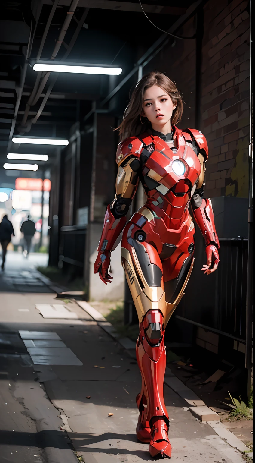 (1girl:1.3), solo,__body-parts__, official art, unity 8k wallpaper, ultra detailed, beautiful and aesthetic, beautiful, masterpiece, best quality, RAW, masterpiece, super fine photo,, best quality, super high Resolution, photorealistic, sunlight, full body portrait, stunningly beautiful,, dynamic pose, delicate face, vibrant eyes, (side view), she is wearing a futuristic Iron Man mech, red and gold, Highly detailed abandoned warehouse background, detailed face, detailed complex busy background, messy, gorgeous, milky, high detailed skin, realistic skin details, visible pores, sharp focus, volumetric fog, 8k uhd, dslr camera, High quality, film grain, fair skin, photorealism, lomography, sprawling metropolis in a futuristic dystopia, view from below, translucent