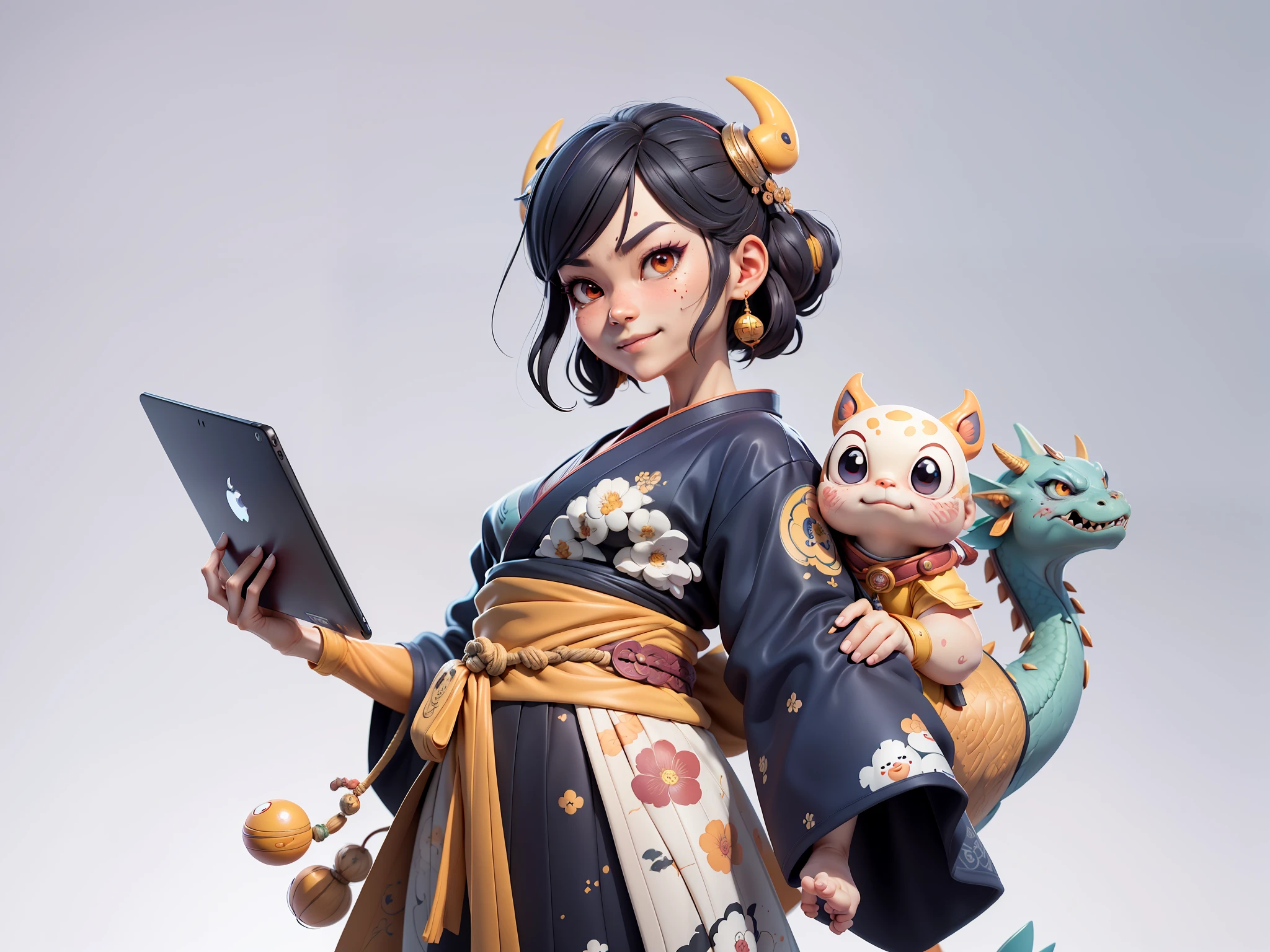 (Daisaku),(Need),(Super meticulous),(full bodyesbian:1.2),Japanese ukiyo-e girl,japanese geisha,Beautiful,Oriental dragon,Aeolian Thor,Raised sexy,爆乳,Oriental face,TV Anchor,Bust portrait illustration,Alone,In black suit,a blue tie,The face is slightly chubby,The face was clean,without a beard,Black super short hair,Black eyes,Smile confidently,3C computer sub-products,iPad, iphone,Digital painting,3D character design by Mark Clairen and Pixar and Hayao Miyazaki and Akira Toriyama,The illustration is a high-definition illustration in 4K resolution,With very detailed facial features and cartoon-style visuals。