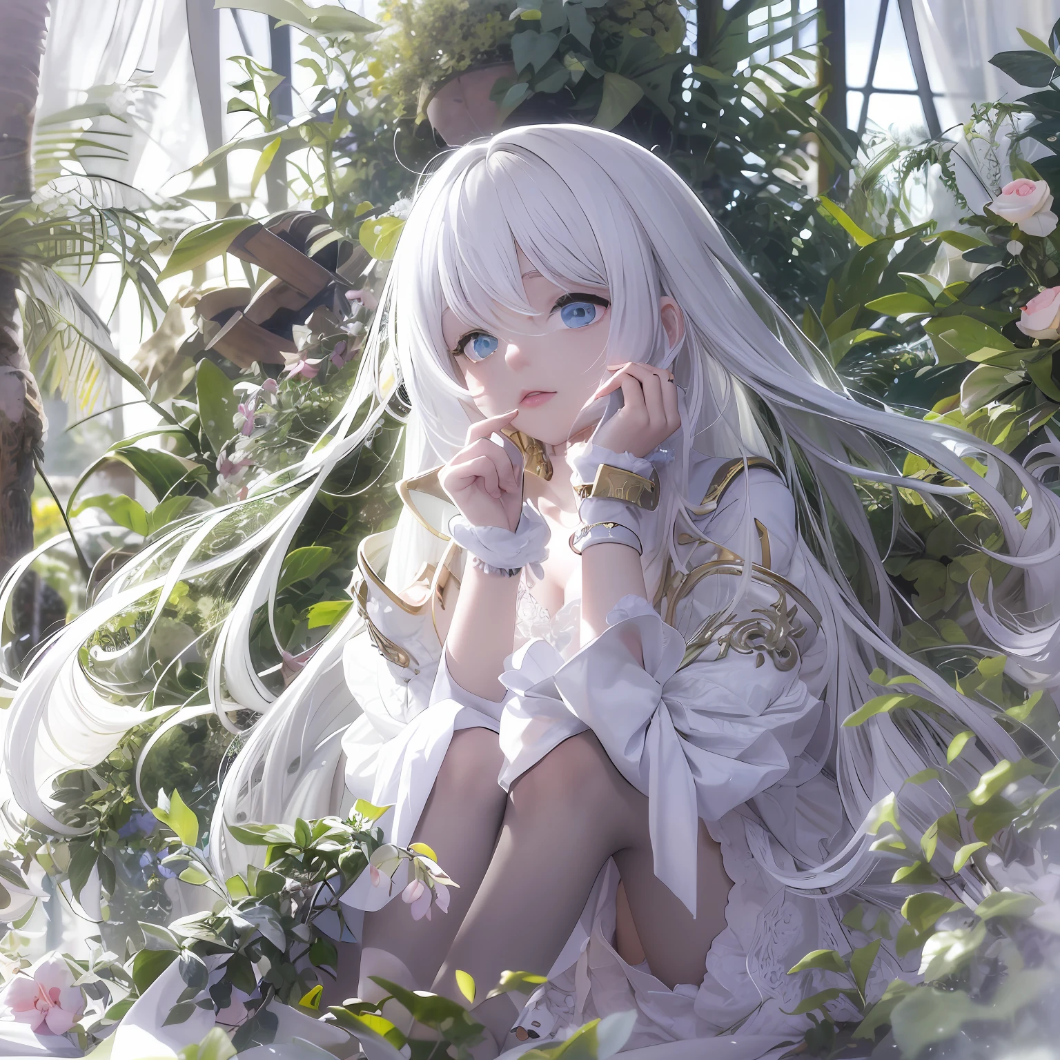 White hair,white skinned,White clothes,Look up,adolable,Bigchest,teens girl,White stockings,Bracelet,foot ring,Plant decoration,blue color eyes,closeup cleavage,Need,tmasterpiece