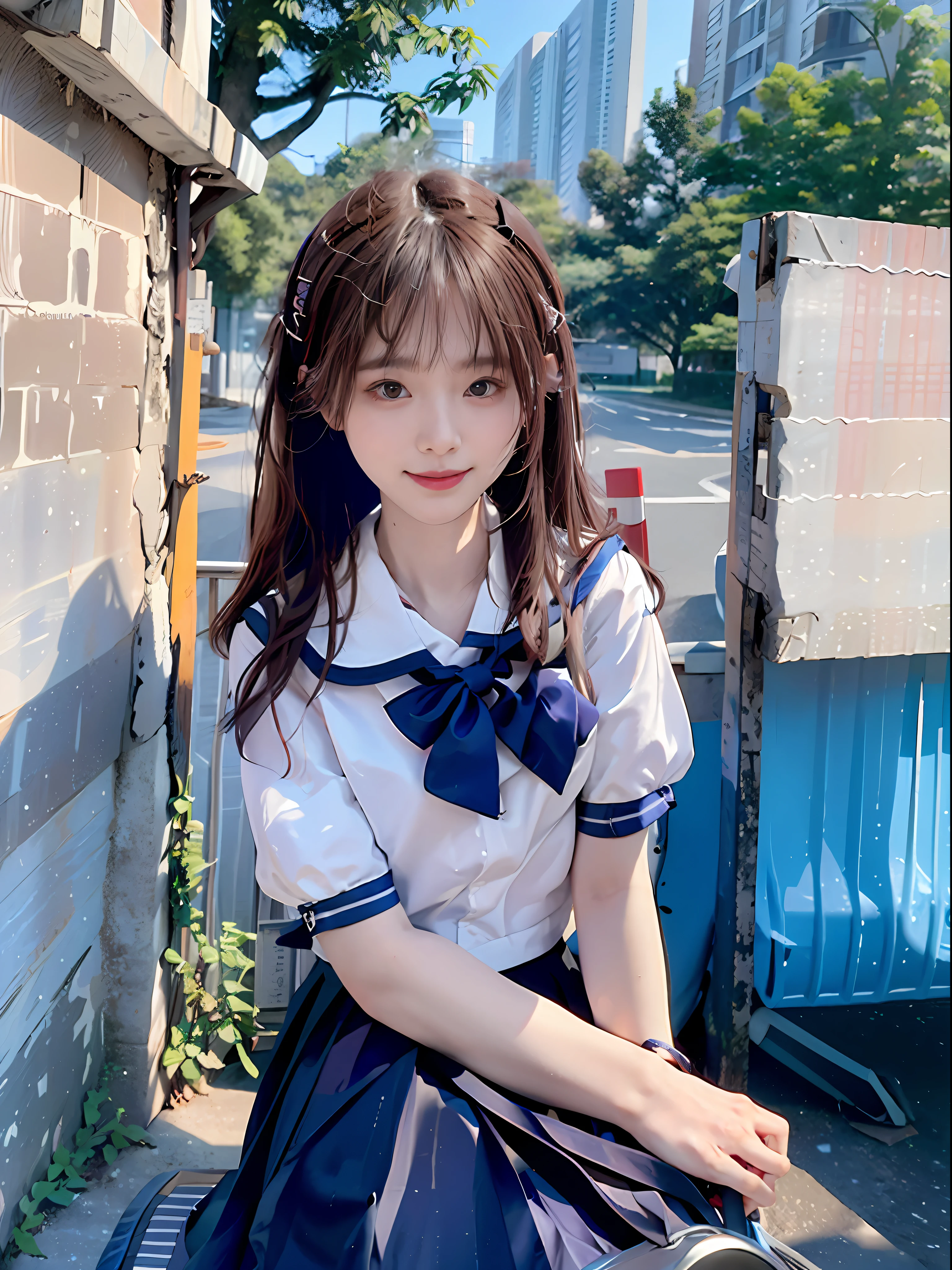 Shoot Bob Hair、high school girls、(((Summer School Uniform)))、white shirts、Blue striped tie、Short sleeve、Dark blue prill skirt、Walking、Student bag tote bag in hand、8Head and body、In the urban cityscape、walkway、Keyaki Avenue、short wavy hair、Small head、Pale pink lips、smiling smile、happiness、tiny breasts、Small hips、skinny body