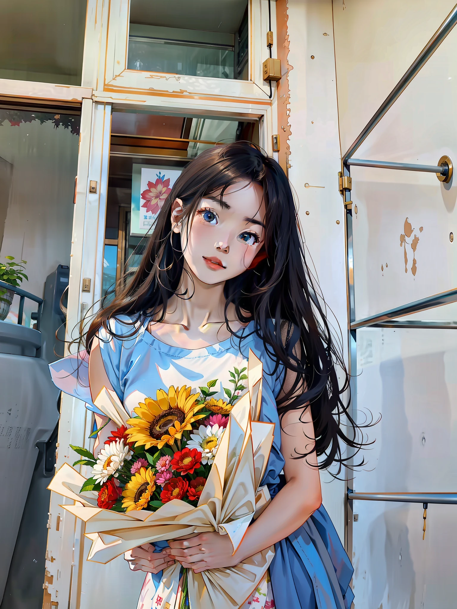 There was a woman in front of the door holding a bouquet of flowers, With flowers, Holding flowers, ulzzangs, hot with shining sun, ChineseGirl, with frozen flowers around her, 8K)), Gorgeous young chinese girl