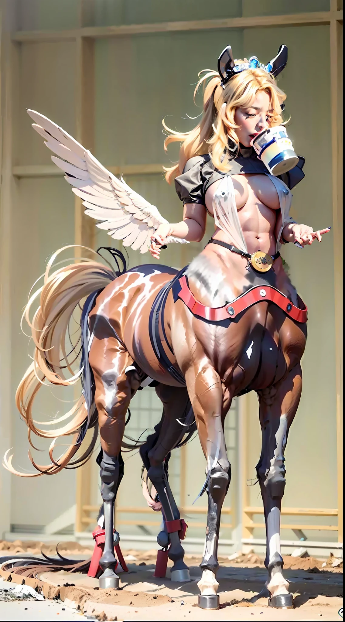 Female centaur,Female, half-centaur, half-horse, half-horse, half-horse, chimera,Female heroic moves,She is famous in the multiverse,She was known as Empress Centaur or Empress Yingzhao,There is also a diversity of people's understanding of her,Her image is somewhere between,Head, neck and shoulders,Transforms into a beautiful female human upper body,Female centaurs, half horses, half horses, and female centaurs undergo human feminization,Either understanding is based on powerful futuristic technologies。The ultra-wide-angle lens captures the beautiful and ethereal mechanical female, half-centaur, half-horse, half-horse, half-horse, half-horse, chimeric queen on the ionosphere, and the light wings spread out to make the jump。Her front half is a tall, sexy body with obvious feminine characteristics,Rear body horse-like half-body horse,Its interface is located in the front half of the body, back and waist,The torso of her back body is a female human, a large female human from the sternum, sexy bent waist, dog style, chest, waist and hip legs,The half-horse part of the female body of the back half of the body,Mechanize the anti-joints and feet in the shape of the hind leg horse's knee and personify these parts,Make the legs graceful and slender,She has four slender legs like a supermodel,Under the legs are the feet of humans wearing skyscraper heels,Use Midjourney's advanced stroke tools and color palettes, as well as texture packs, model packs, and texture tools,Concentration,Mechanize all her equine physiology organ parts and give the mechanized parts an ergonomic appearance,Handle the chest, abdomen and hip details,Add anthropomorphic mechanical elements to non-ergonomic parts,Give her a sexy human look of harmony and unity,Enhance the sense of future technology。Plated her mechanical wings with a glow unique to space,The halo crown on her head casts a neon light casting a rainbow,Let her be majestic,Use Midjourney's advanced stroke and texture tools to add complex te