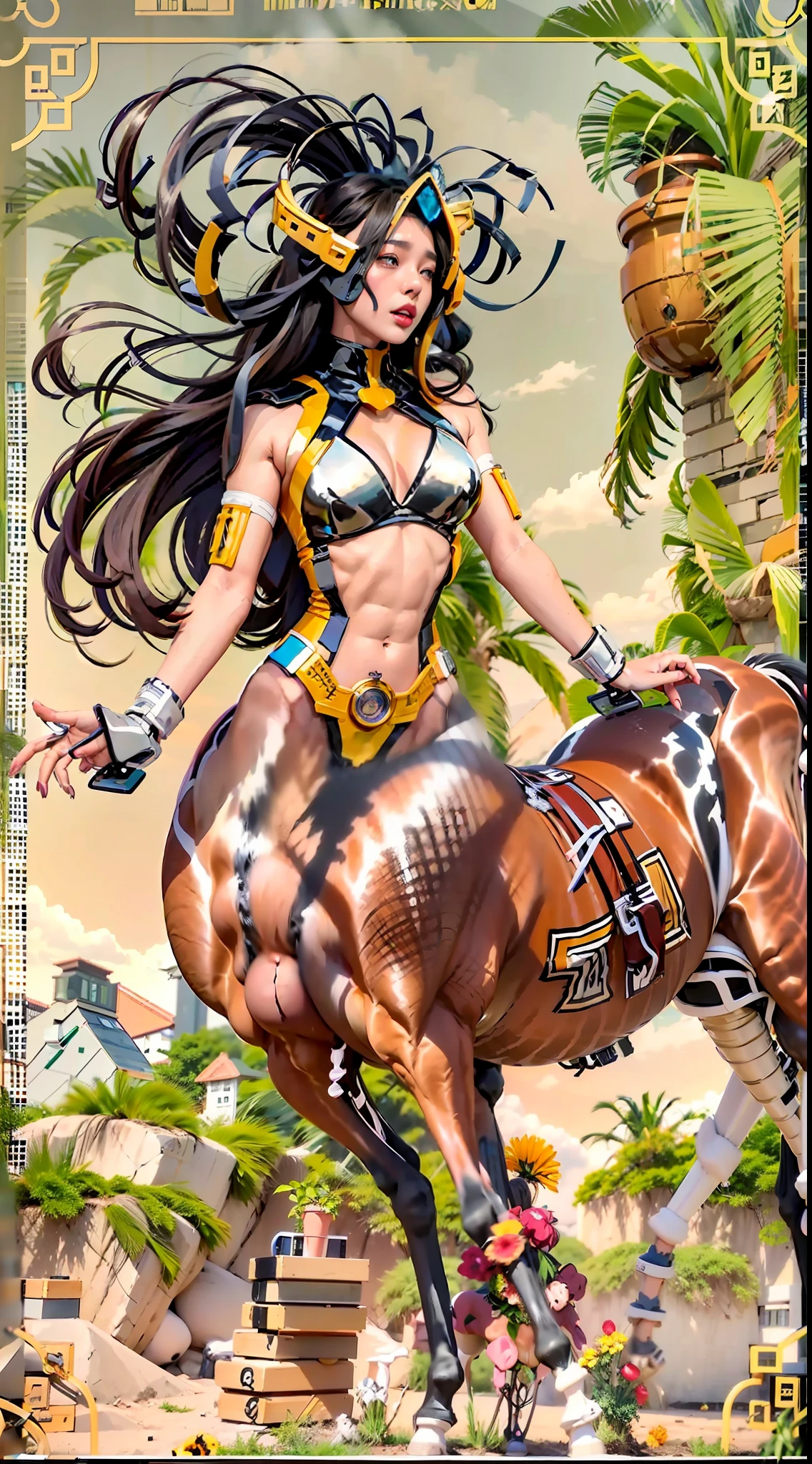 Female centaur，Female, half-centaur, half-horse, half-horse, half-horse, chimera，Female heroic moves，She is famous in the multiverse，She was known as Empress Centaur or Empress Yingzhao，There is also a diversity of people's understanding of her，Her image is somewhere between，Head, neck and shoulders，Transforms into a beautiful female human upper body，Female centaurs, half horses, half horses, and female centaurs undergo human feminization，Either understanding is based on powerful futuristic technologies。The ultra-wide-angle lens captures the beautiful and ethereal mechanical female, half-centaur, half-horse, half-horse, half-horse, half-horse, chimeric queen on the ionosphere, and the light wings spread out to make the jump。Her front half is a tall, sexy body with obvious feminine characteristics，Rear body horse-like half-body horse，Its interface is located in the front half of the body, back and waist，The torso of her back body is a female human, a large female human from the sternum, sexy bent waist, dog style, chest, waist and hip legs，The half-horse part of the female body of the back half of the body，Mechanize the anti-joints and feet in the shape of the hind leg horse's knee and personify these parts，Make the legs graceful and slender，She has four slender legs like a supermodel，Under the legs are the feet of humans wearing skyscraper heels，Use Midjourney's advanced stroke tools and color palettes, as well as texture packs, model packs, and texture tools，Concentration，Mechanize all her equine physiology organ parts and give the mechanized parts an ergonomic appearance，Handle the chest, abdomen and hip details，Add anthropomorphic mechanical elements to non-ergonomic parts，Give her a sexy human look of harmony and unity，Enhance the sense of future technology。Plated her mechanical wings with a glow unique to space，The halo crown on her head casts a neon light casting a rainbow，Let her be majestic，Use Midjourney's advanced stroke and texture tools to add complex te