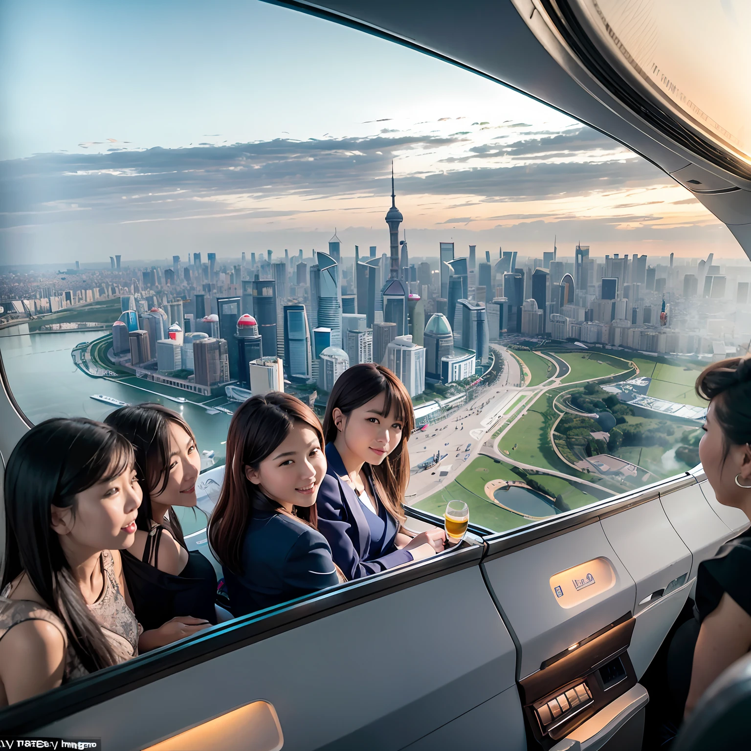 The aircraft altitude is 10,000 meters，A group of -yeld beiful women sit by the window of a large Airbus A380 aircraft，Aerial view of Shanghai