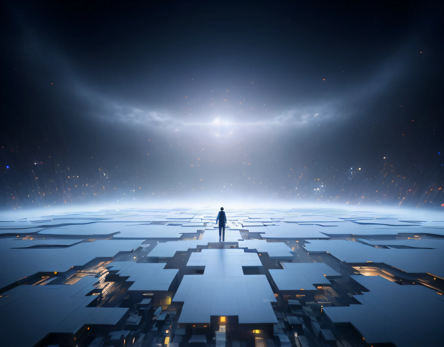 There was a man standing in a large square in the middle of the city, matte painting of human mind, iintricate、Epic composition, open portal to another dimension, author:Kurt Roesch, deeper into the metaverse we go, surreal 3 d render, entering the mind maze, amazingly composed image, author:Joseph Werner, surreal cyberspace, the encrypted metaverse