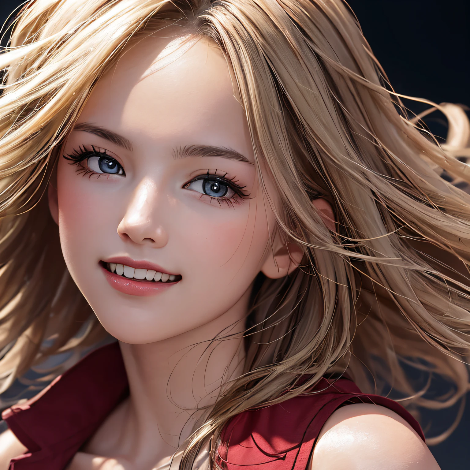 (8K, RAW Photos, of the highest quality, Masterpieces: 1.2), (Realistic, Photorealistic: 1.37), Highest Quality, Ultra High Resolution, light leaks, Dynamic lighting, Slim and smooth skin, (Full body:1.3), (Soft Saturation: 1.6), (Fair skin: 1.2), (Glossy skin: 1.1), Oiled skin, 22 years old, Night, shiny white blonde, Well-formed, Hair fluttering in the wind, Close-up shot of face only, Physically Based Rendering, From multiple angles, A big smile, School uniform, Beige vest, thunderstorm, The Flash,