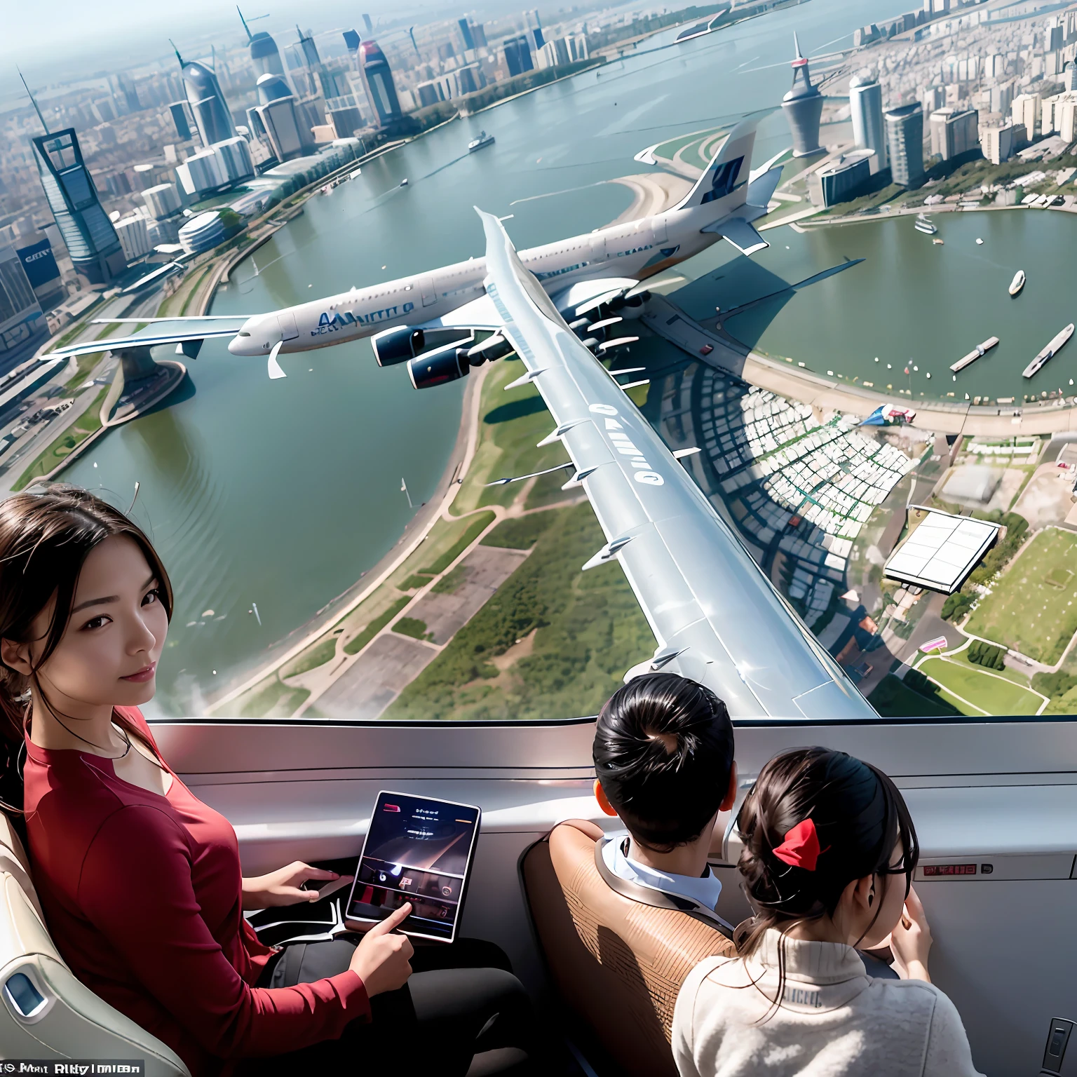 The aircraft altitude is 10,000 meters,A group of -yeld beiful women sit by the window of a large Airbus A380 aircraft,Aerial view of Shanghai