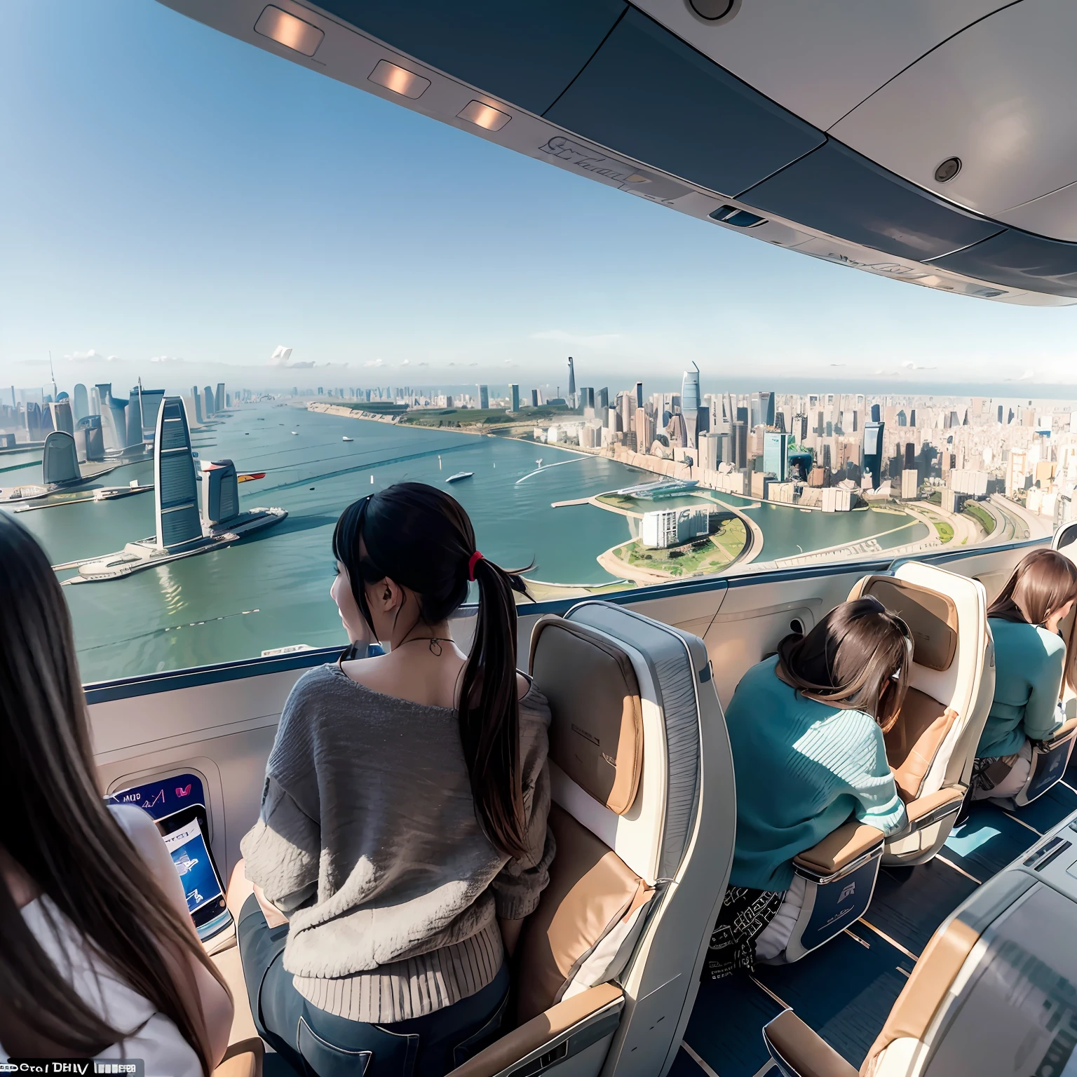 The aircraft altitude is 10,000 meters,A group of -yeld beiful women sit by the window of a large Airbus A380 aircraft,Aerial view of Shanghai