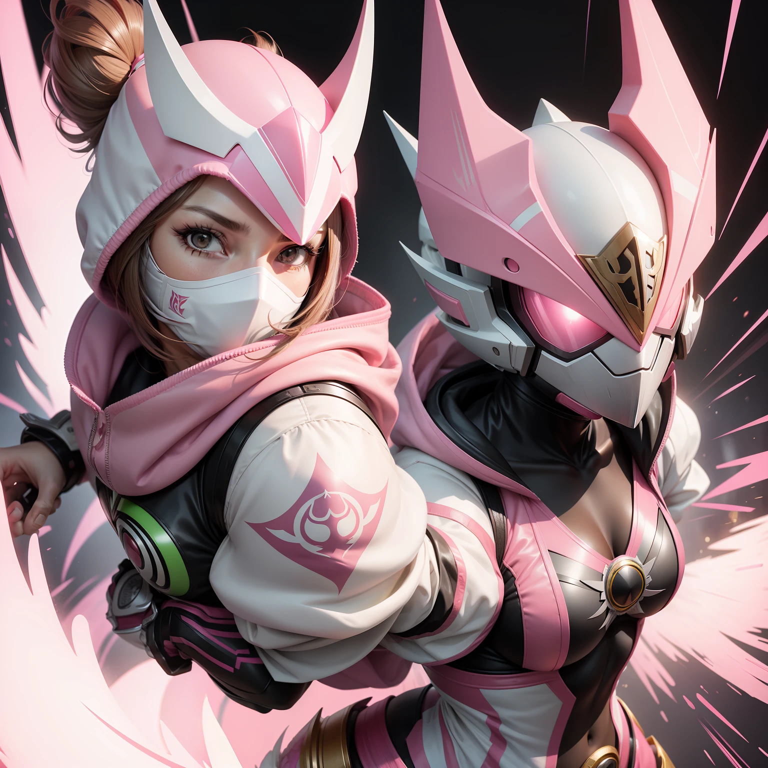 Kamen Rider, female warrior, swan variation, Pink with white, with a hood, a mask covering her face and eyes