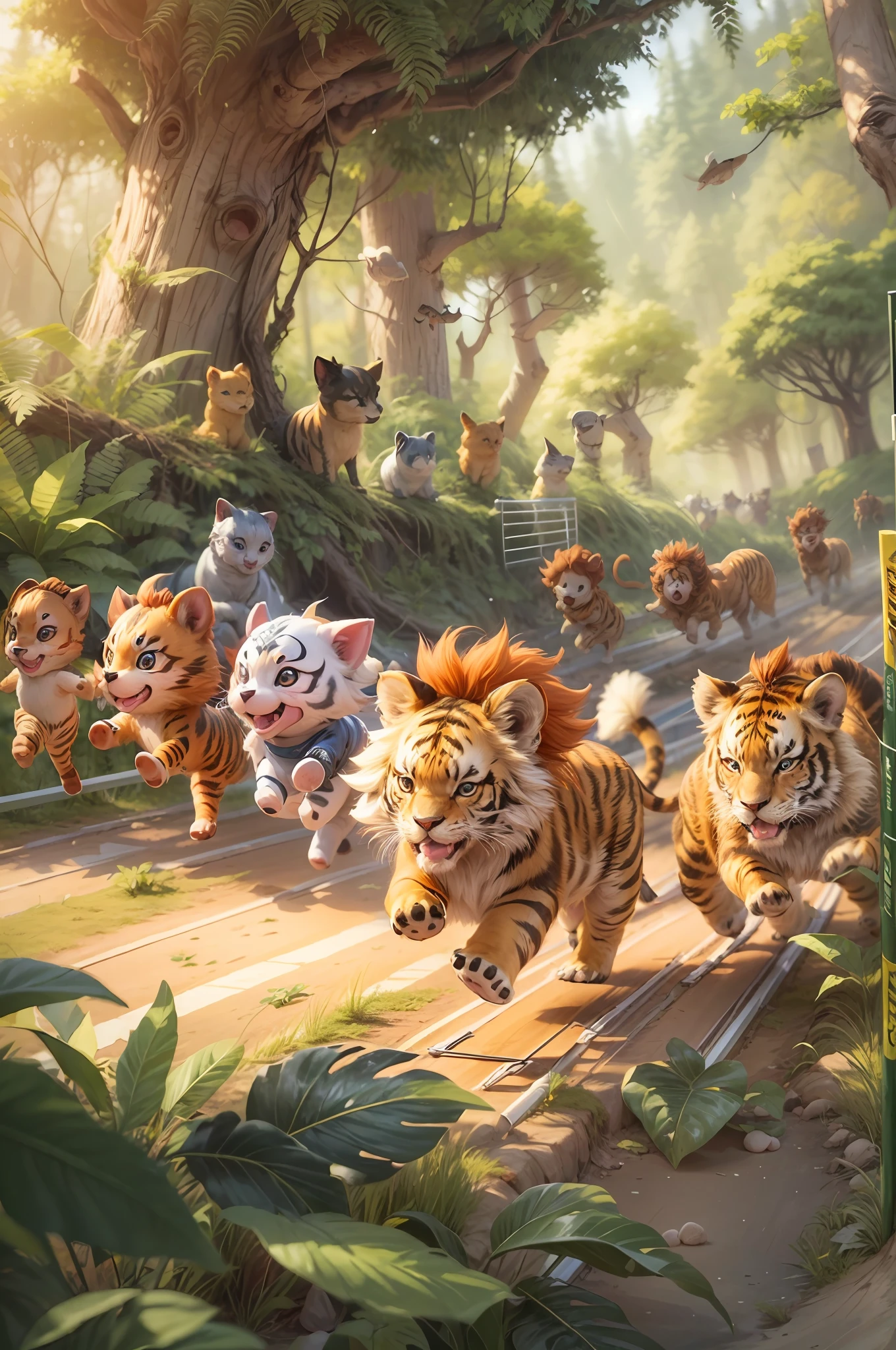 tmasterpiece,HighestQuali,detail-rich,8K,(Cute little animals in a sprint race in the forest:1.5),Woods on both sides,In the middle is the runway,The contestants had baby lions、Baby Tiger、Little monkey、Little giraffe、Ponyta、piggy,Various animals stand on both sides of the track to cheer on the runners,Warm atmosphere。
