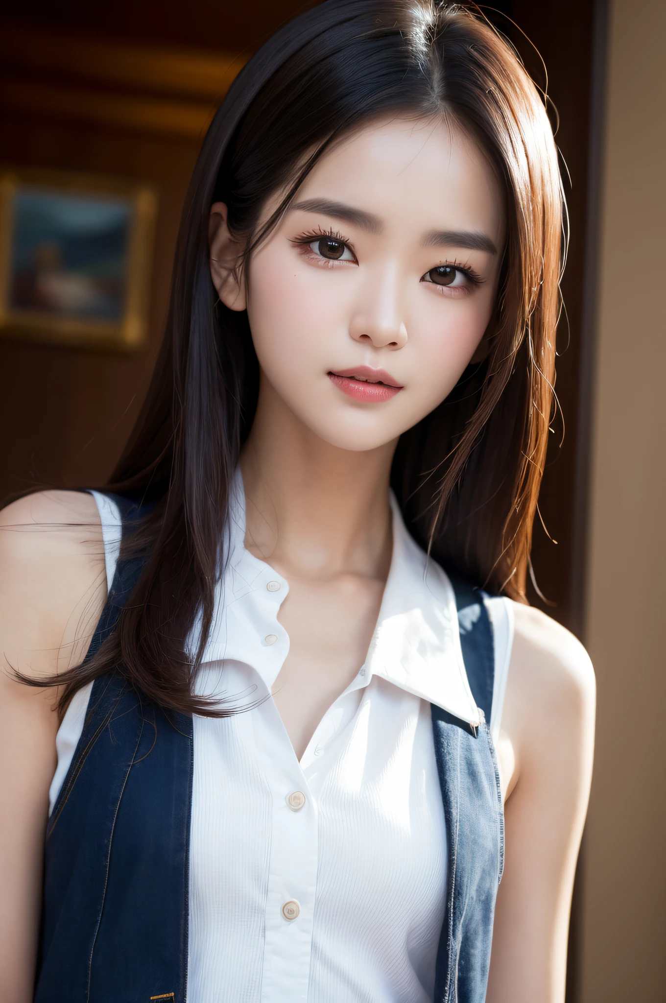 ((best qualtiy、8k masterpieces:1.3))、foco nítido:1.2、(ultra beautiful faces:1.0)、(shinny skin:1.0)、photos realistic、A dark-haired、Video Lighting、High-definition eyes and face、Video Lighting、(cowboy shot:1.3)、(Korean Cute Actress)、from the front side、medium large breasts、ssmile、Sleeveless、Slender Abs Beauty、Wearing a white blouse