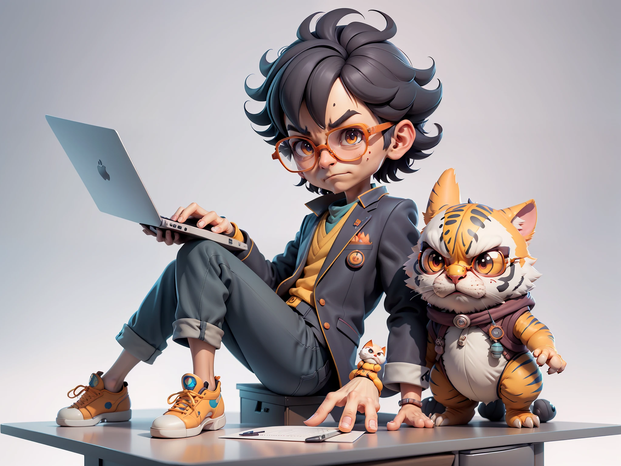 A young man in a suit, Short hair and glasses sat at his desk,holding laptop,digitial painting,tigre,3D character design by Mark Clairen and Pixar and Hayao Miyazaki and Akira Toriyama,4K HD illustration,Very detailed facial features and cartoon-style visuals。