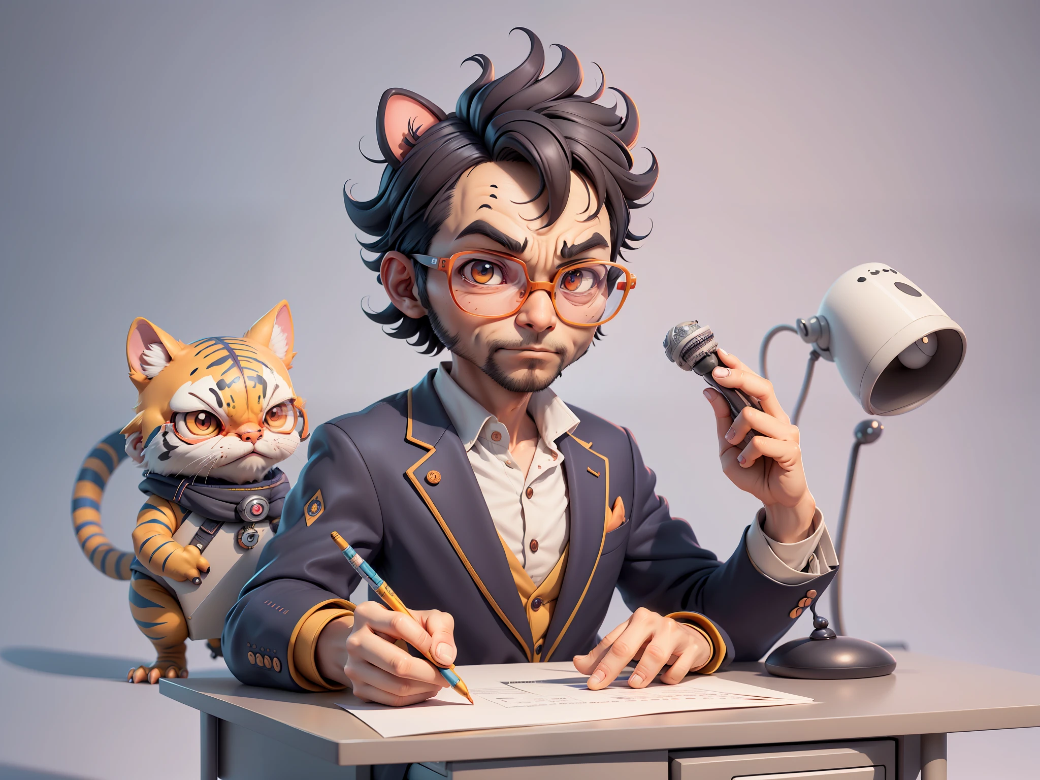 A young man in a suit, Short hair and glasses sat at his desk，holding laptop，digitial painting，tigre，3D character design by Mark Clairen and Pixar and Hayao Miyazaki and Akira Toriyama，4K HD illustration，Very detailed facial features and cartoon-style visuals。