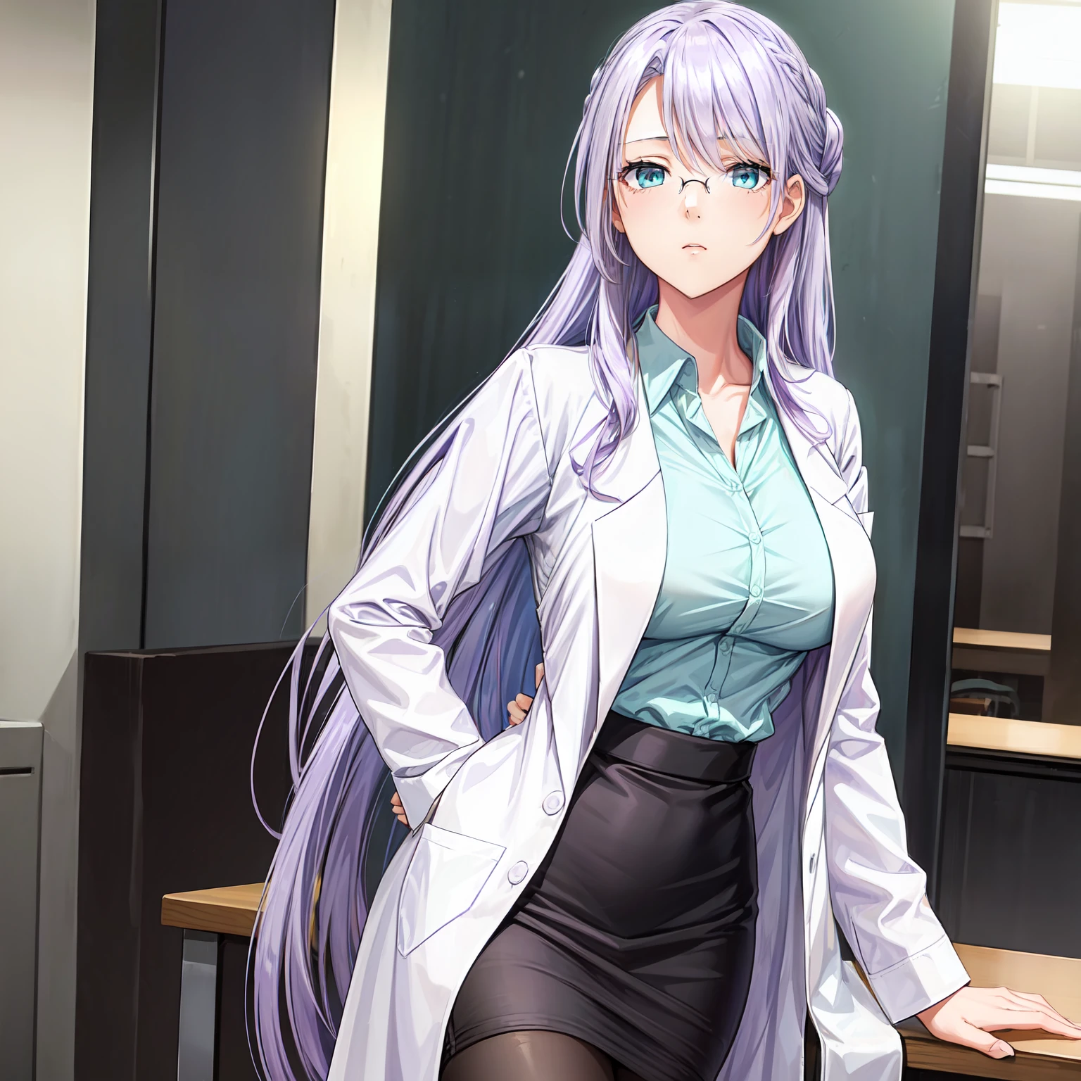 1 girl, lavender hair, long hair, lavender mature half updo, bangs hanging on the left side shoulder length hair strands hanging on either side tucked behind ears, light blue green eyes, Women's rimless glasses, large breast,doctor white coat, office lady tight shirt, unbottened shirt, pencil skirt, pair black stocking, outdoor