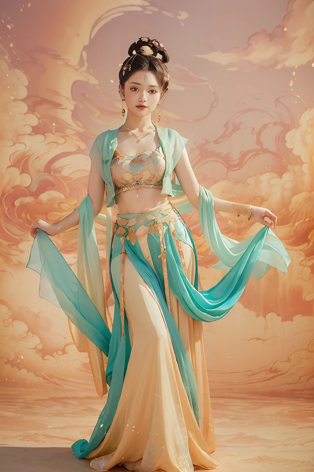 (8k, RAW photo, best quality, masterpiece:1.2), (realistic, photo-realistic:1.4), (extremely detailed CG unity 8k wallpaper), 1 girl solo, dance, dunhuang_dress, dunhuang_style, dunhuang_background,