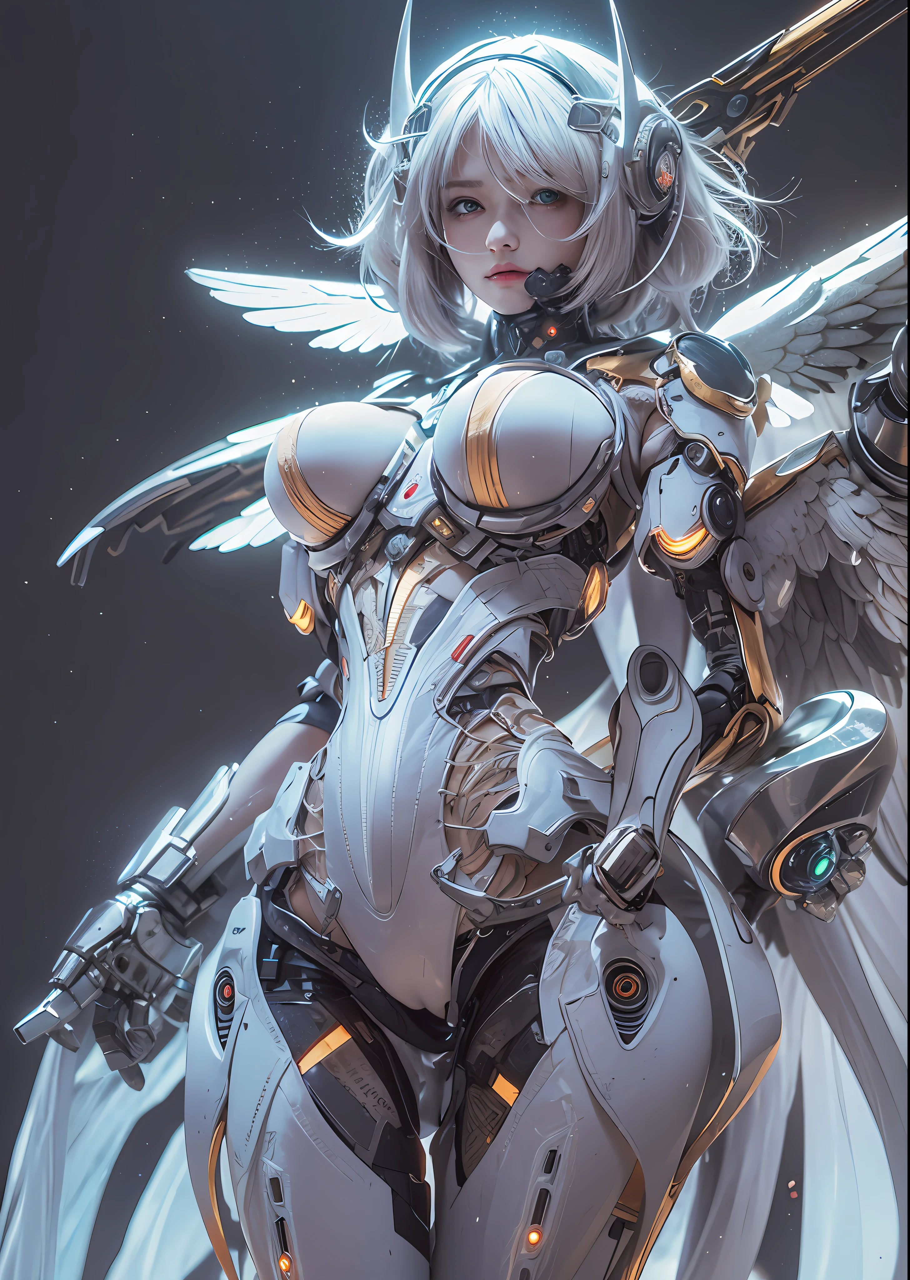 top-quality、​masterpiece、超A high resolution、(Photorealsitic:1.4)、Raw photo、Battle Cyborg Angel、large wings made of metal、White porcelain body、Acrylic Clear Cover、white  hair、glowy skin、1 Cyborg Girl、((super realistic details))、portlate、globalillumination、Shadow、octan render、8K、ultrasharp、character edge light,Colossal tits、Raw skin is exposed in cleavage、Details of complex ornaments、More about Rome、Hydraulic cylinder、Small LED lamp、highly intricate detail、Realistic light、a purple eye、radiant eyes、Facing the camera、neon details、cowboy  shot、Futuristic headgear、About Cyberpunk、、