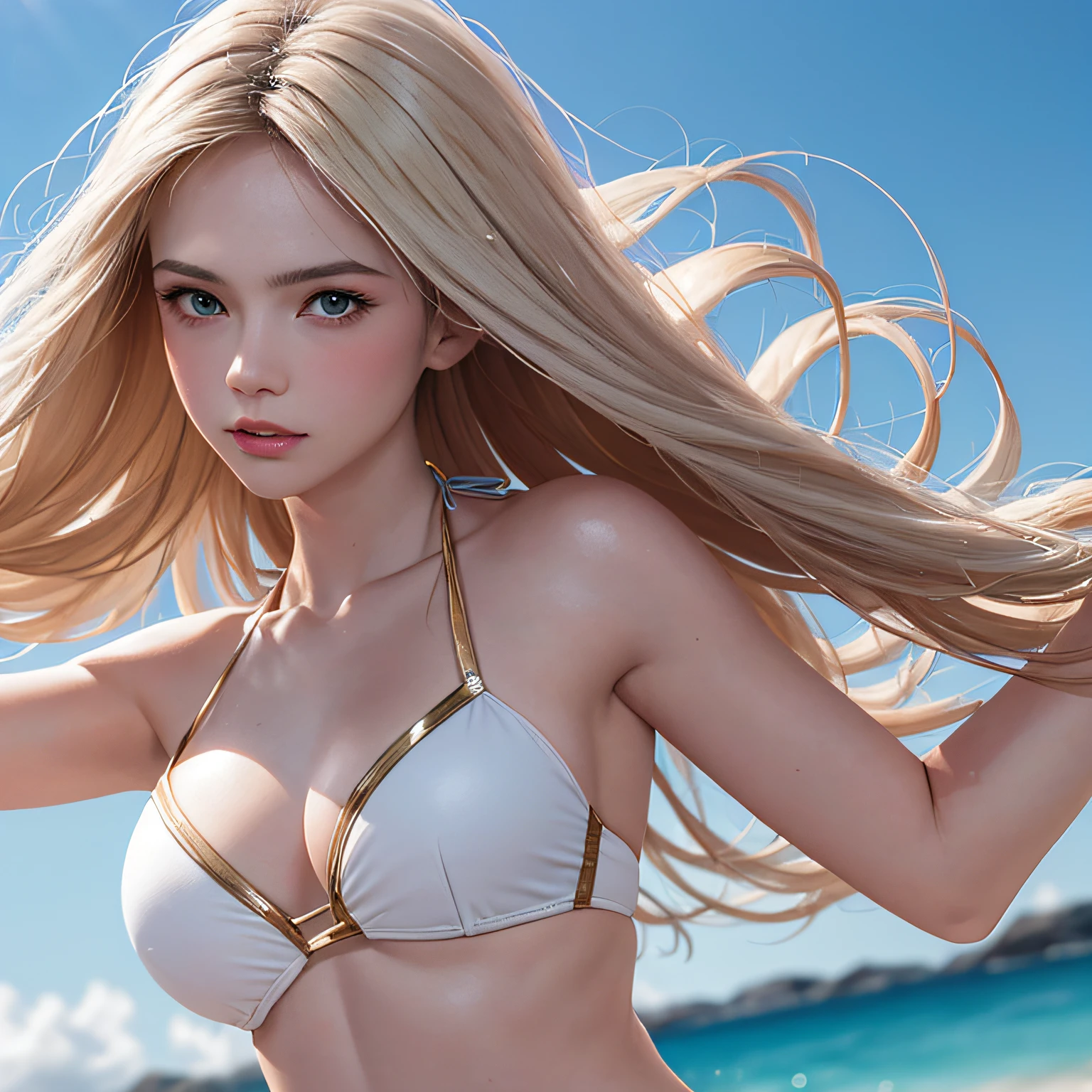 (8K, RAW Photos, of the highest quality, Masterpieces: 1.2), (Realistic, Photorealistic: 1.37), Highest Quality, Ultra High Resolution, light leaks, Dynamic lighting, Slim and smooth skin, (Full body:1.3), (Soft Saturation: 1.6), (Fair skin: 1.2), (Glossy skin: 1.1), Oiled skin, 22 years old, Night, shiny white blonde, Well-formed, Hair fluttering in the wind, Close-up shot of face only, Physically Based Rendering, From multiple angles, The bikini