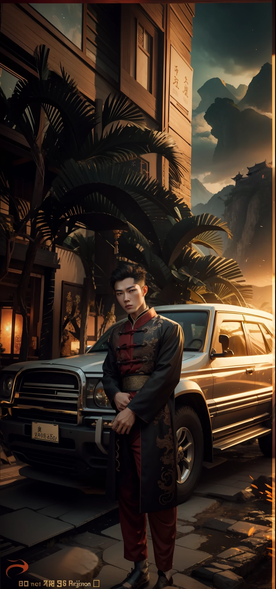 Handsome, 18 years old, Asian, master work, best picture quality, higher quality, high detail, super high resolution, (realistic: 1.4) 8k resolution, delicate facial features, boy, big muscles, tattoo, glowing eyes, short hair, white black hair, hair details, (full body: 0.6), detailed background , [[Look away, look to the side, emphasize homosexuality and pay attention to every detail , open Hanfu transparent tulle jacket, white rubber pants, circling dragon, Chinese garden background (crotch bulge), , Fa gong, earth walking, Chinese kung fu, fingerless gloves, wristbands, dragon themed costumes, monk robes, spinning floating particles, dynamic composition, desert background, flying sand, earth escape, very much dirt, flying sand around the body