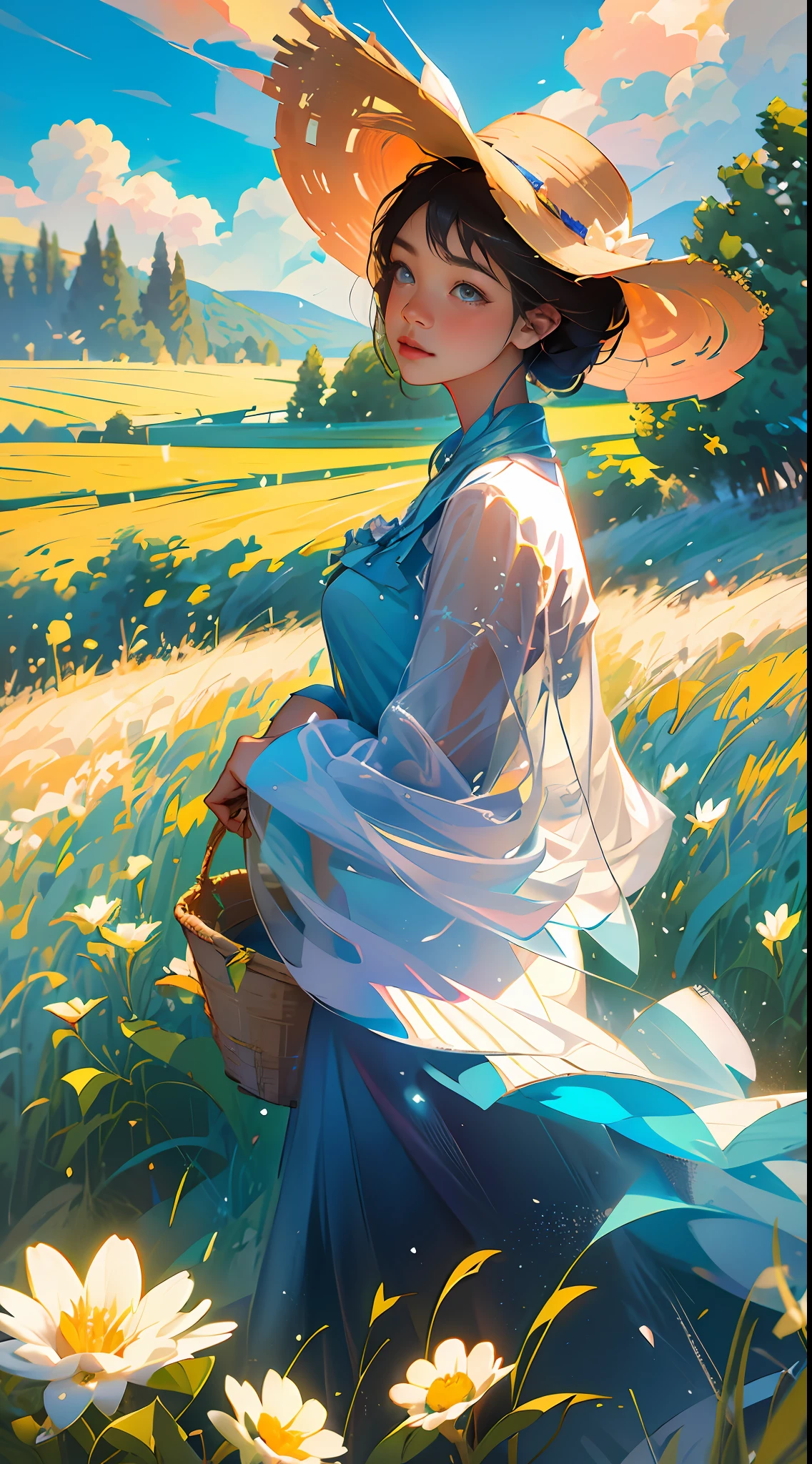 wheat field,One wears a straw hat,Young girl with basket in hand standing in a wheat field,Large clouds、blue-sky、Rice fields,There are neat rice seedlings in the field,ln the forest,hillside,Quiet,Rustic,high definition detail、Hyper-detailing、cinematic ligh、ultra-realistic realism、Soft light、Deep field focus bokeh、Ray tracing and surrealism,8K quality