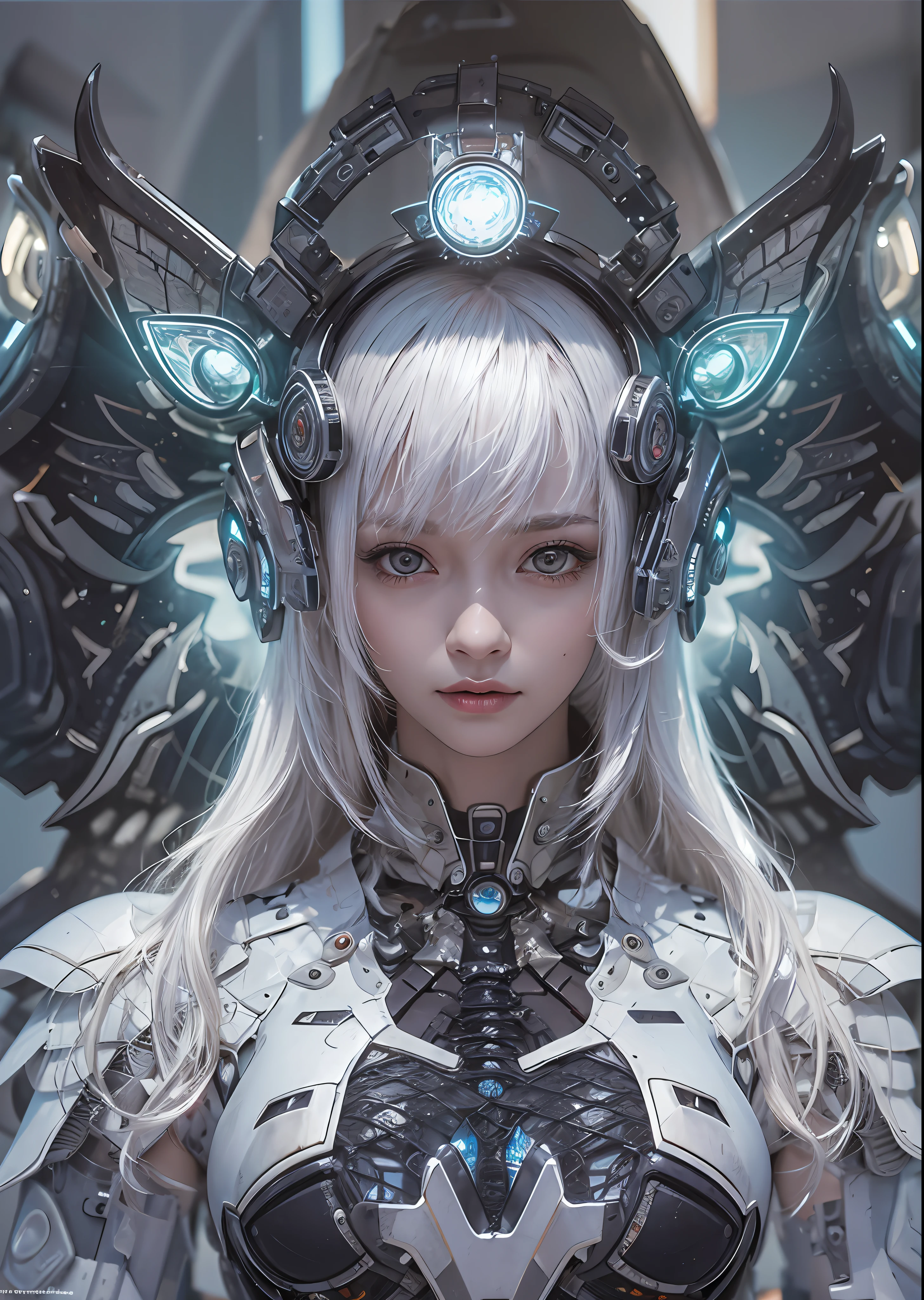 top-quality、​masterpiece、超A high resolution、(Photorealsitic:1.4)、Raw photo、Battle Cyborg Angel、large wings made of metal、White porcelain body、Acrylic Clear Cover、white  hair、glowy skin、1 Cyborg Girl、((super realistic details))、portlate、globalillumination、Shadow、octan render、8K、ultrasharp、character edge light,Colossal tits、Raw skin is exposed in cleavage、Details of complex ornaments、More about Rome、Hydraulic cylinder、Small LED lamp、highly intricate detail、Realistic light、a purple eye、radiant eyes、Facing the camera、neon details、cowboy  shot、Futuristic headgear、About Cyberpunk、、