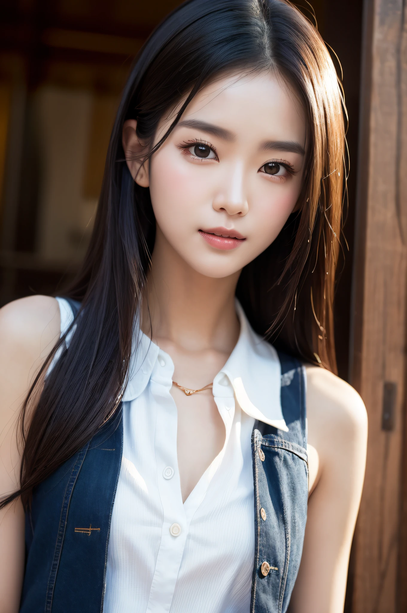 ((best qualtiy、8k masterpieces:1.3))、foco nítido:1.2、(ultra beautiful faces:1.0)、(shinny skin:1.0)、photos realistic、A dark-haired、Video Lighting、High-definition eyes and face、Video Lighting、(cowboy  shot:1.3)、(Korean Cute Actress)、from the front side、medium large breasts、ssmile、Sleeveless、Slender Abs Beauty、Wearing a white blouse