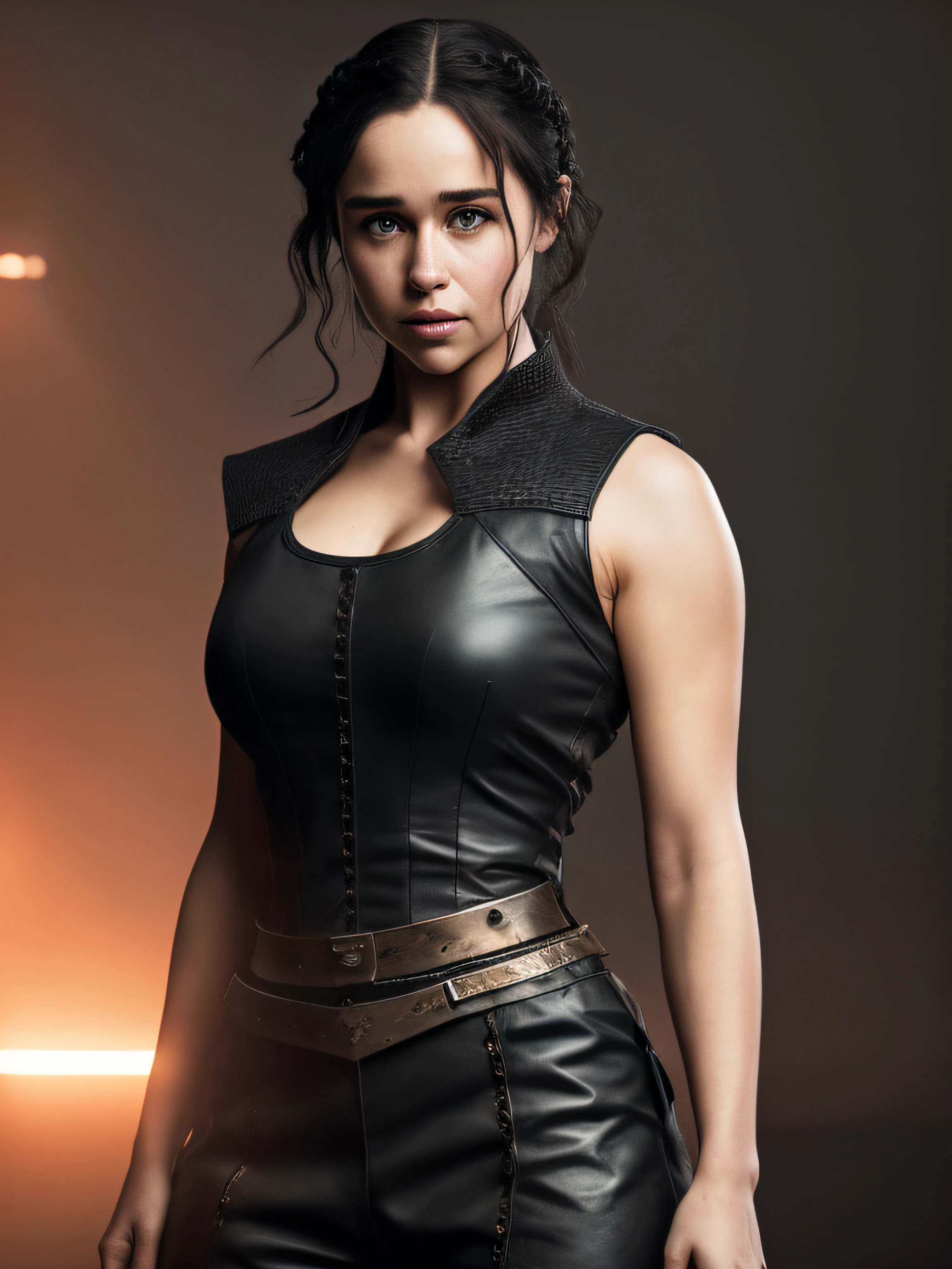 hyper real photo of [daenerys targaryen|Emilia Clarke], beautiful, sexy, brunette, short hair, black hair, full body shot, fighting stance, battle, realistic proportions, realistic pupils, glowing closed fist, wearing vest, black inner round neck shirt, wearing camouflage pants, waering black boots, attack stance, cinematic lighting, 8k resolution, front lit, HDR, sunrise, RAW photo, Nikon 85mm, Award Winning, Glamour Photograph, extremely detailed, beautiful Ukrainian, mind-bending, Noth-Yidik, (blue top:0.6),