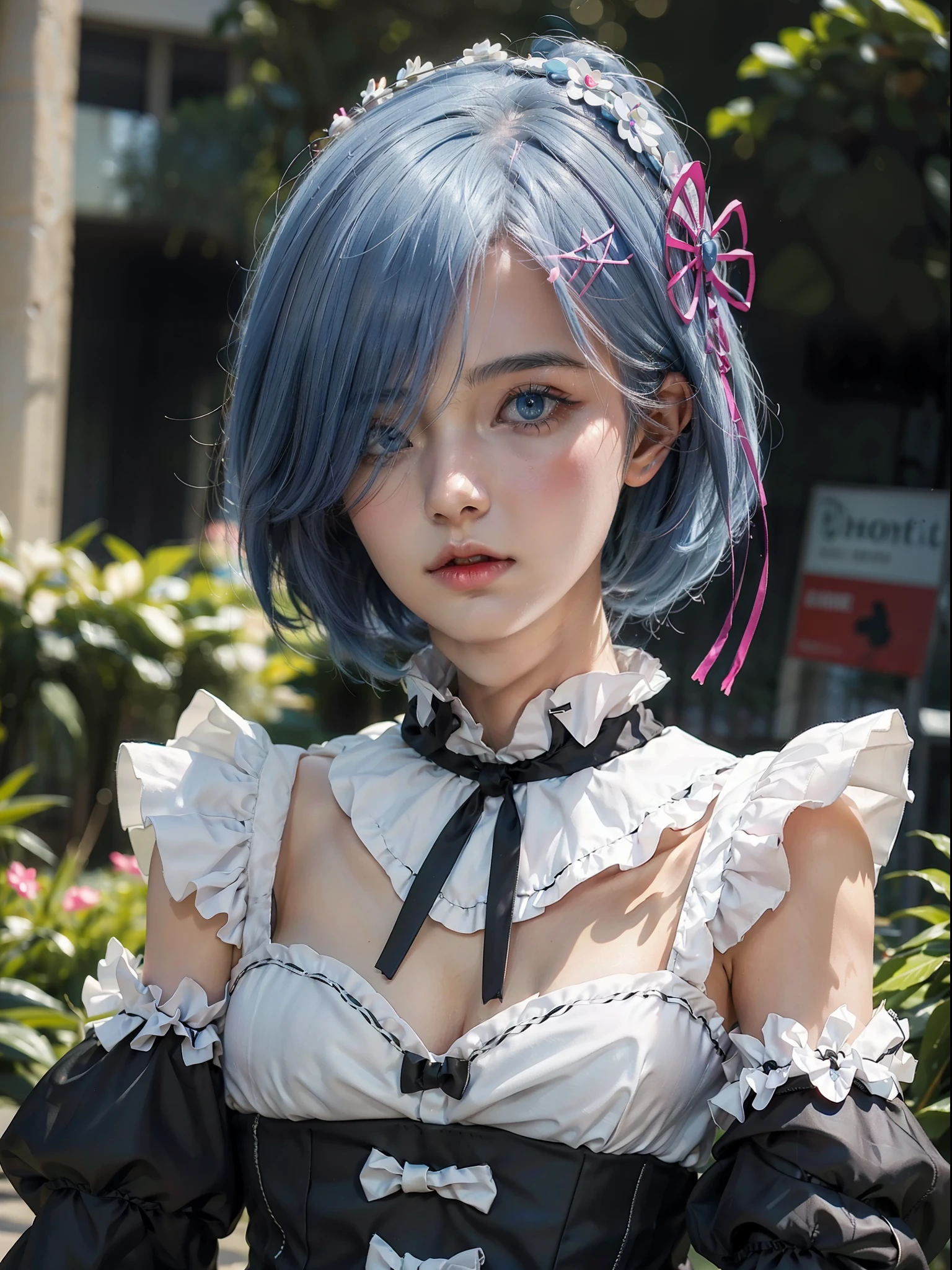 R_E_M, ,(beautiful face) short blue hair, blue eyes, hair over one eye, hair ornament, pink hair ribbon, rem's maid uniform, detached sleeves,((( upper body))), ulzzang-6500,(raw photo:1.2),((photorealistic:1.4))best quality ,masterpiece, illustration, an extremely delicate and beautiful, extremely detailed ,CG ,unity ,8k wallpaper, finely detail, best quality,absurdres, incredibly absurdres, huge filesize, ultra-detailed, highres, extremely detailed,beautiful detailed girl, extremely detailed eyes and face, beautiful detailed eyes,light on face,cinematic lighting,,dress,see-through,looking at viewer,outdoors, blue_eyes,dress, short hair, (small breasts:0.8),(((close-up))), (selfie)(((face focus, (looking at viewer:1.25)))), (((HD portraits)))