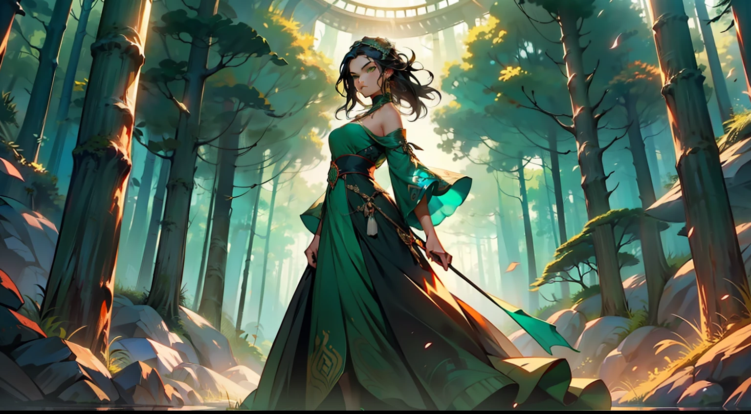 37, (1 person) (girl, (green eyes), (long black hair), green dress with white gauze, the young woman is graceful and dignified, outstanding temperament, takes the jade fragment and orders the old woman collect more) (Background: outside the cave, in the forest)