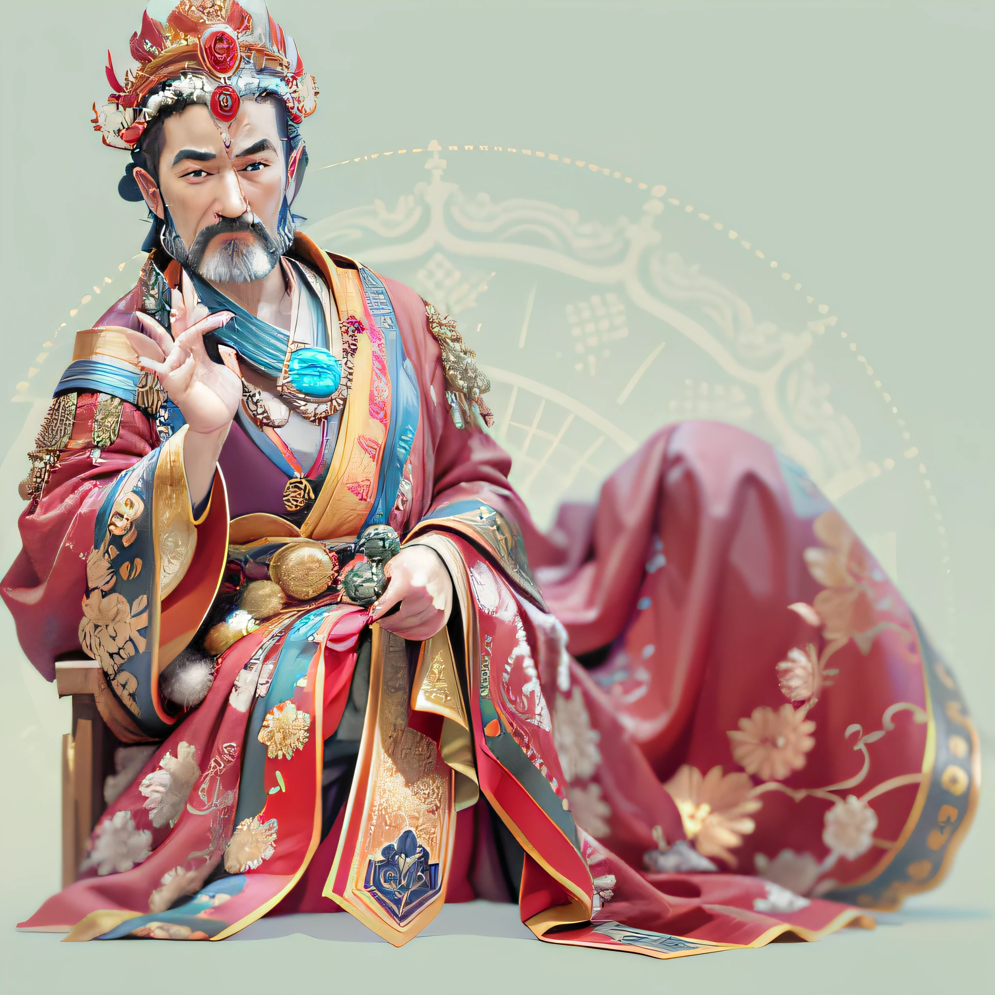 Close-up of a statue of a man in a red robe, God of Wealth, inspired by Wu Bin, the god emperor of mankind, dressed as emperor, HD details,8K