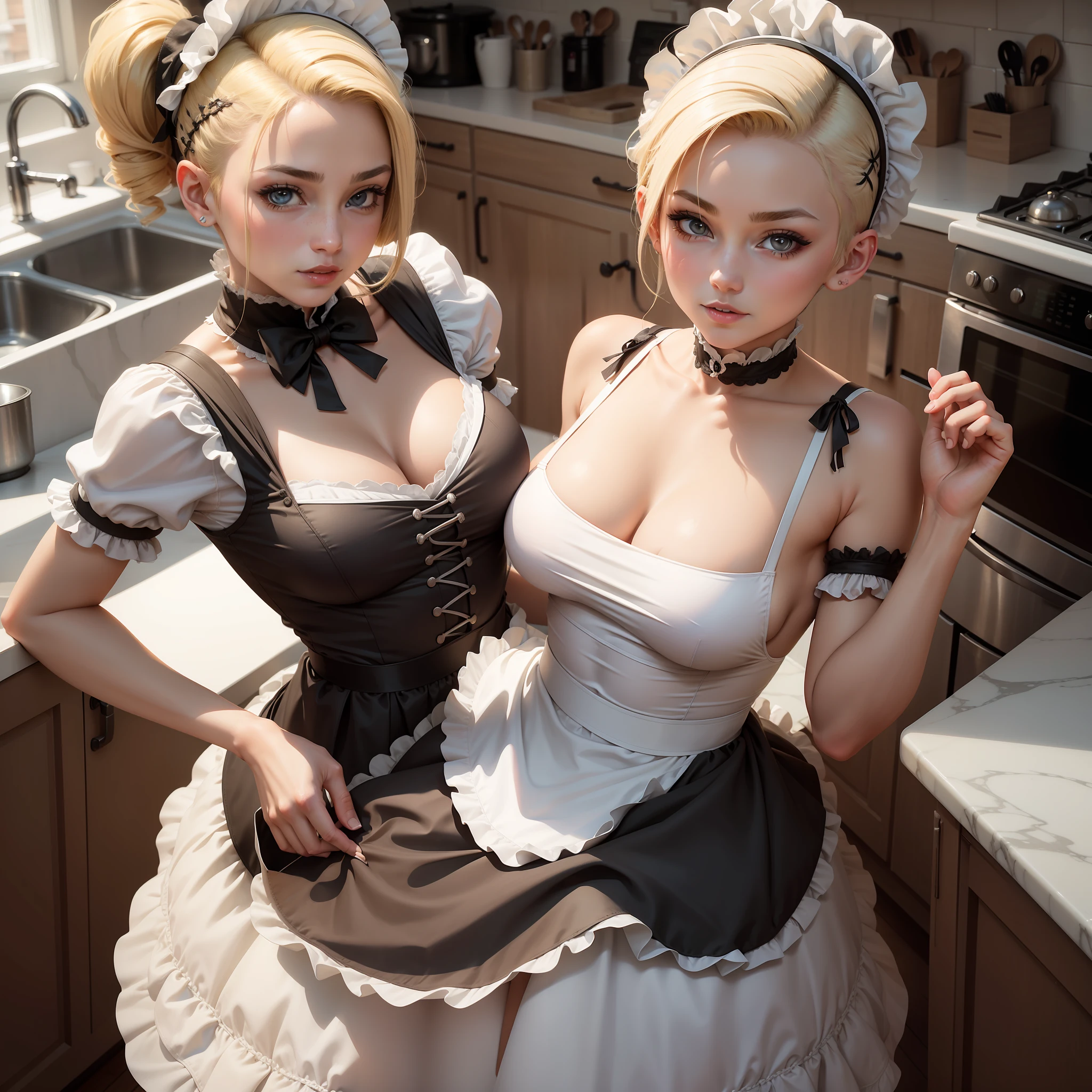 photo of th3r0ck as a playful maid, 1girl, undercut hair, apron, amazing body, pronounced feminine feature, busty, kitchen, blonde medium hair, flirting with camera