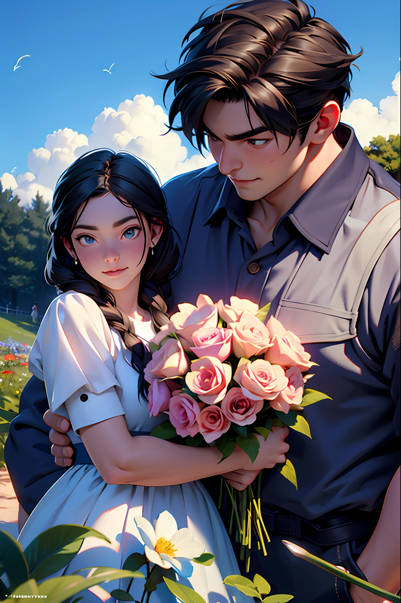A boy and a girl, (lovers), bara stocky boy and skinny girl, on a hill full of flowers, under the blue sky, masterpiece, 8k, high resolution, popular on art station, ultra details, hyper realistic, professional lighting