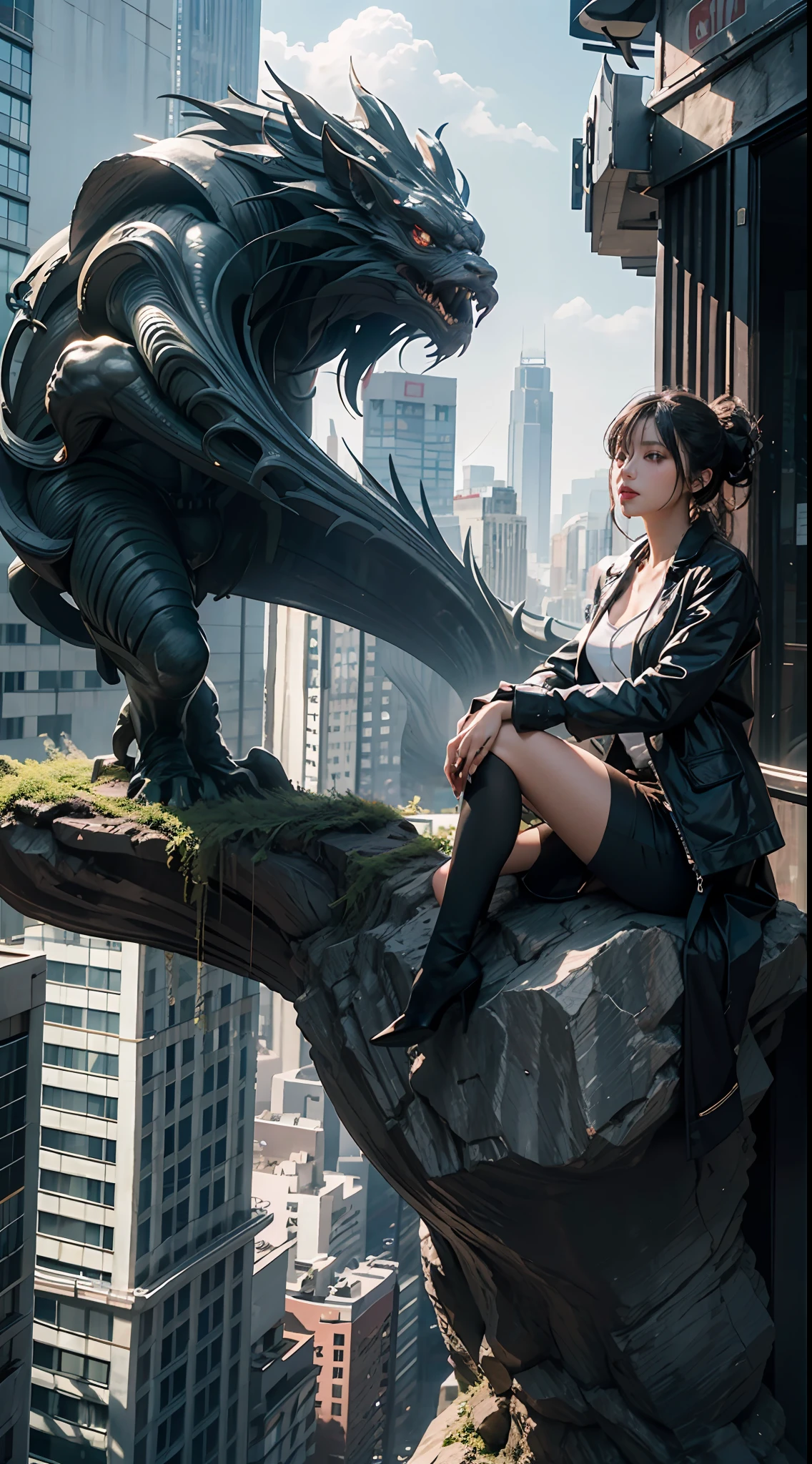 (Top-down visuals,modern urban, (Sky garden balcony),Below are bright lights、A bustling city street ),A handsome and beautiful girl ,Around 25 years old ,Hair coiled , heroic look ,(Fashionable outfits), Sit on the(Huge monster relief stone statue)Upp,Enjoying The Scenery ,(fully body photo)(Vista perspective),( largeaperture ) ,( wide wide shot),(Look up and see the effect),(Principle of planar perspective),2D 3D modeling